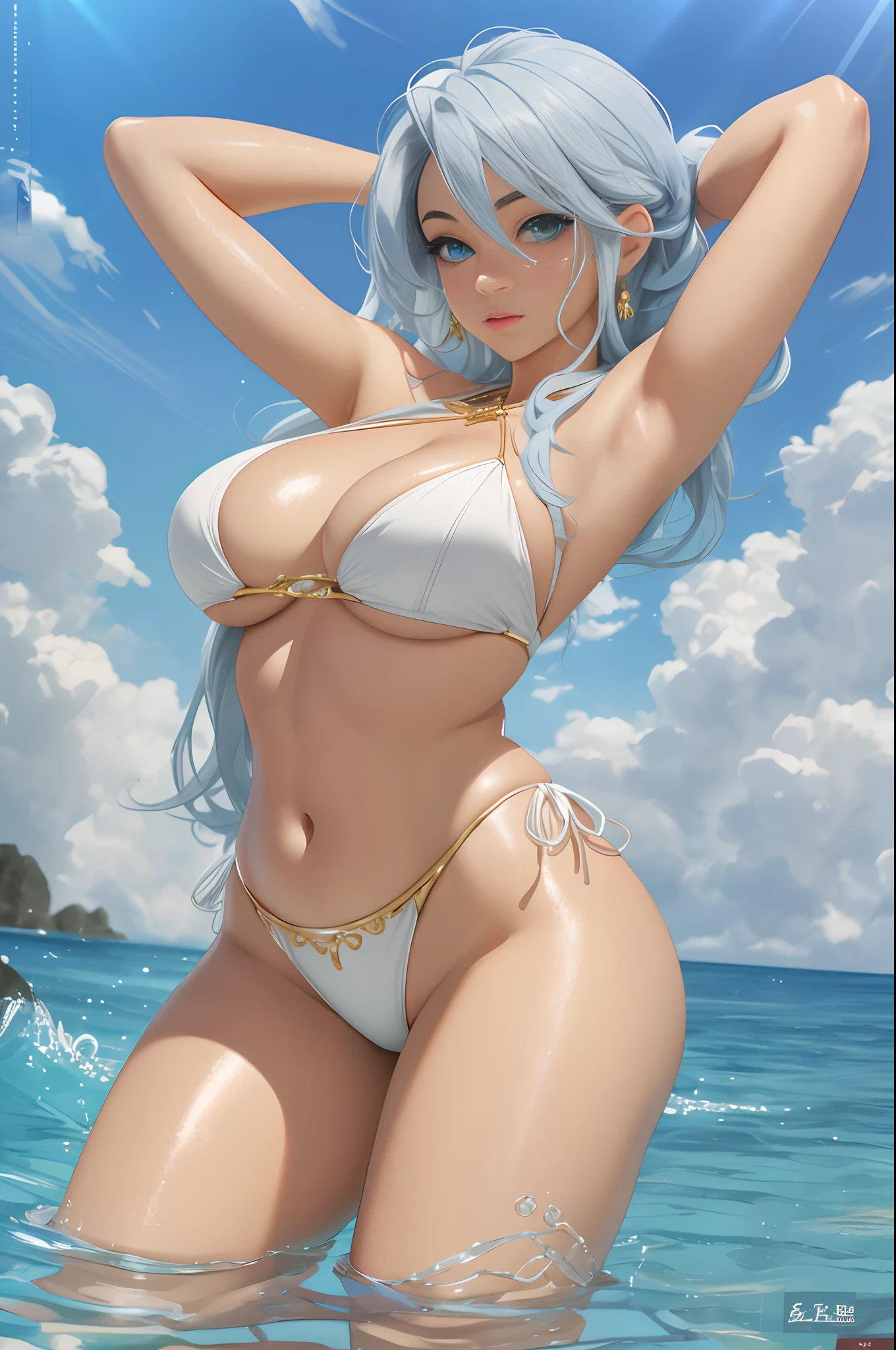 1girll, Anime fantasy artwork，Sexy swimsuit，Plump breasts，gigantic cleavage breasts:1.6， Long hair，Shiny skin:1.4，primitive，tmasterpiece，ultra fine photos，best qualtiy，超高分辨率，Photoreality，rays of sunshine，full-body portraits，stunningly beautiful，dynamicposes，delicated face，Vibrant eyes，（seen from the side）detailed face with，opulent，Highly detailed skin，Realistic details of skin，Visible Pore，tack sharp focus，volume fog，8K  UHD，digital SLR camera，high qulity，filmgrain，White skin of the，photo-realism，semi transparent