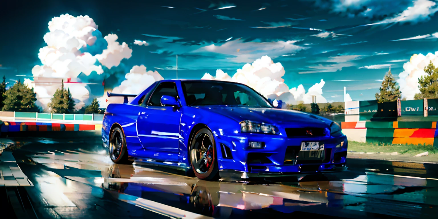 masterpiece,best quality,official art,extremely detailed CG unity 8k wallpaper,illustration,day, in spring, cloudy, sky, beautiful detailed sky, light,official art,extremely detailed CG unity 8k wallpaper,illustration,day, in spring, cloudy, sky, beautiful detailed sky, light, 1car, (car:1), motor vehicle, ground vehicle, sports car, nissan, GTR, blue car, skylineR34, vehicle focus, road,need for speed,moving,wet,