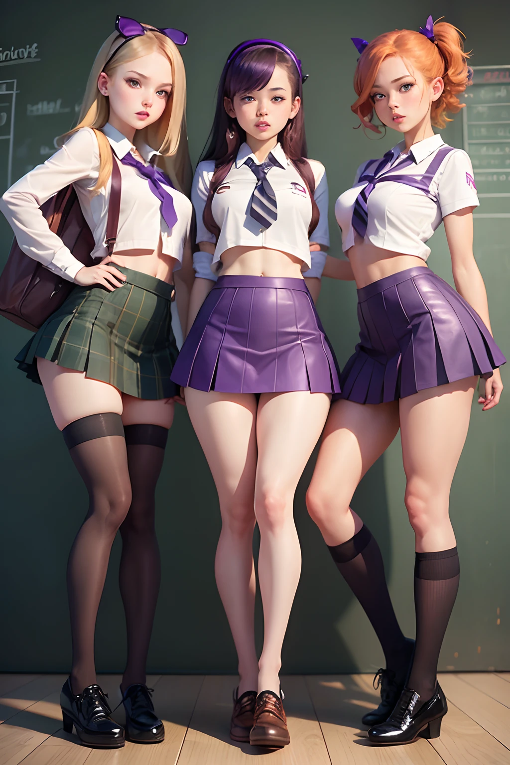 3 girls, Schoolgirl costume purple and black, ginger, green eyes, Short skirt, mini skirt, tiny open croctop, string, horny, teasing, sexy,
