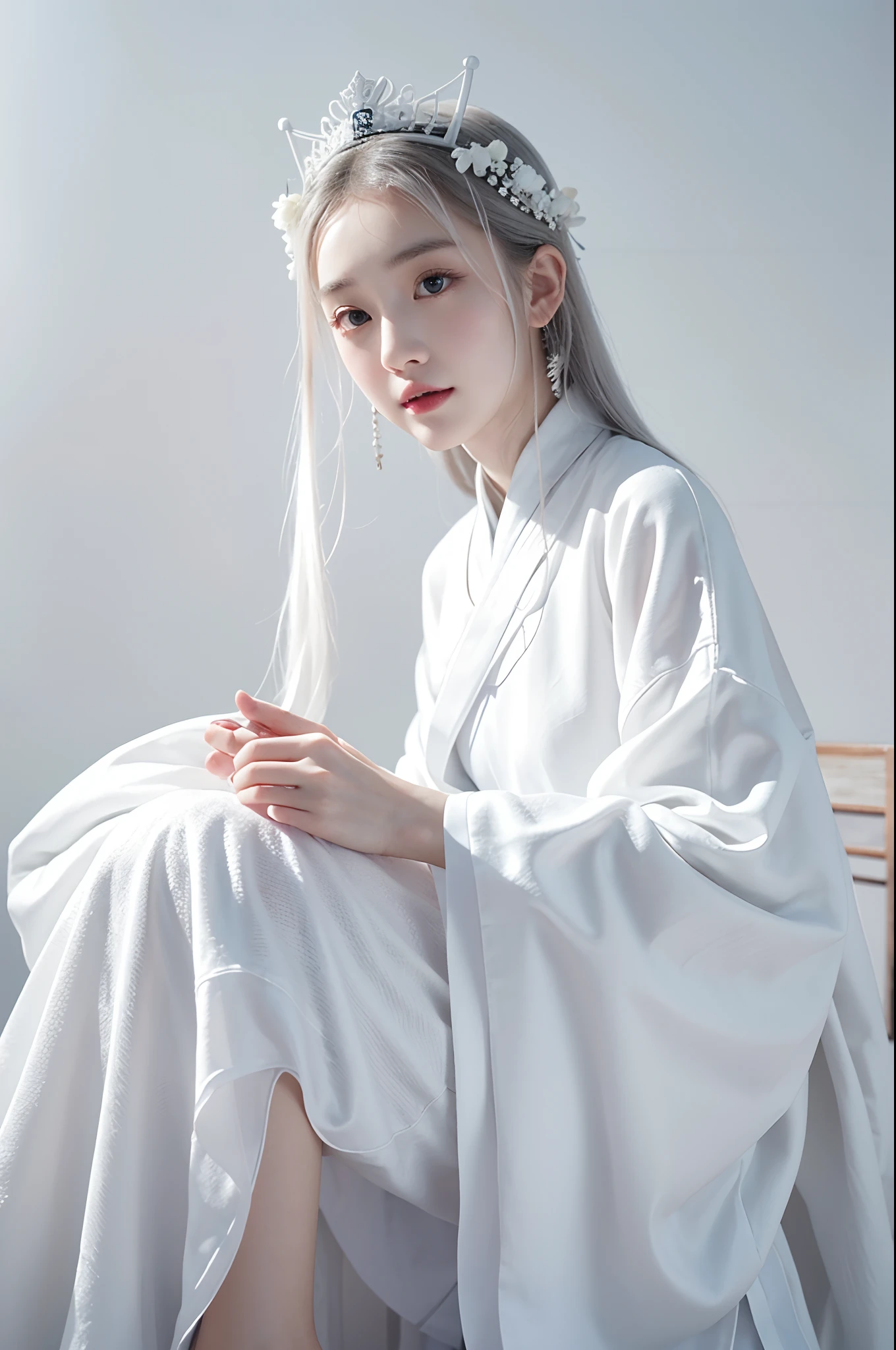 a close up of a woman wearing a white dress and a tiable, white hanfu, inspired by Wu Bin, palace , a girl in hanfu, inspired by Wuzhun Shifan, with white skin, white porcelain skin, white skin, hanfu, with acient chinese clothes, white crown, xision wu, with crown, with white