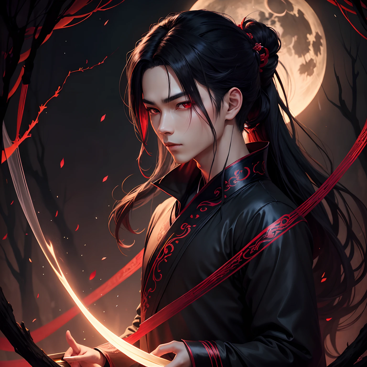 anime painting, gothic, dark sinister forest, night, moon, moonlight, male character, young asian, transverse black flute, black hanfu with red border, perfect face, long hair tied in a ponytail, glowing red eyes, , Mysterious