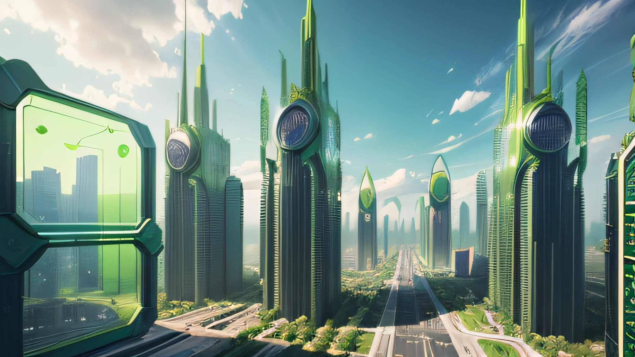Ridiculous resolution, high resolution, (Masterpiece:1.4), Super detailed, Future City Project, Green space and glass building