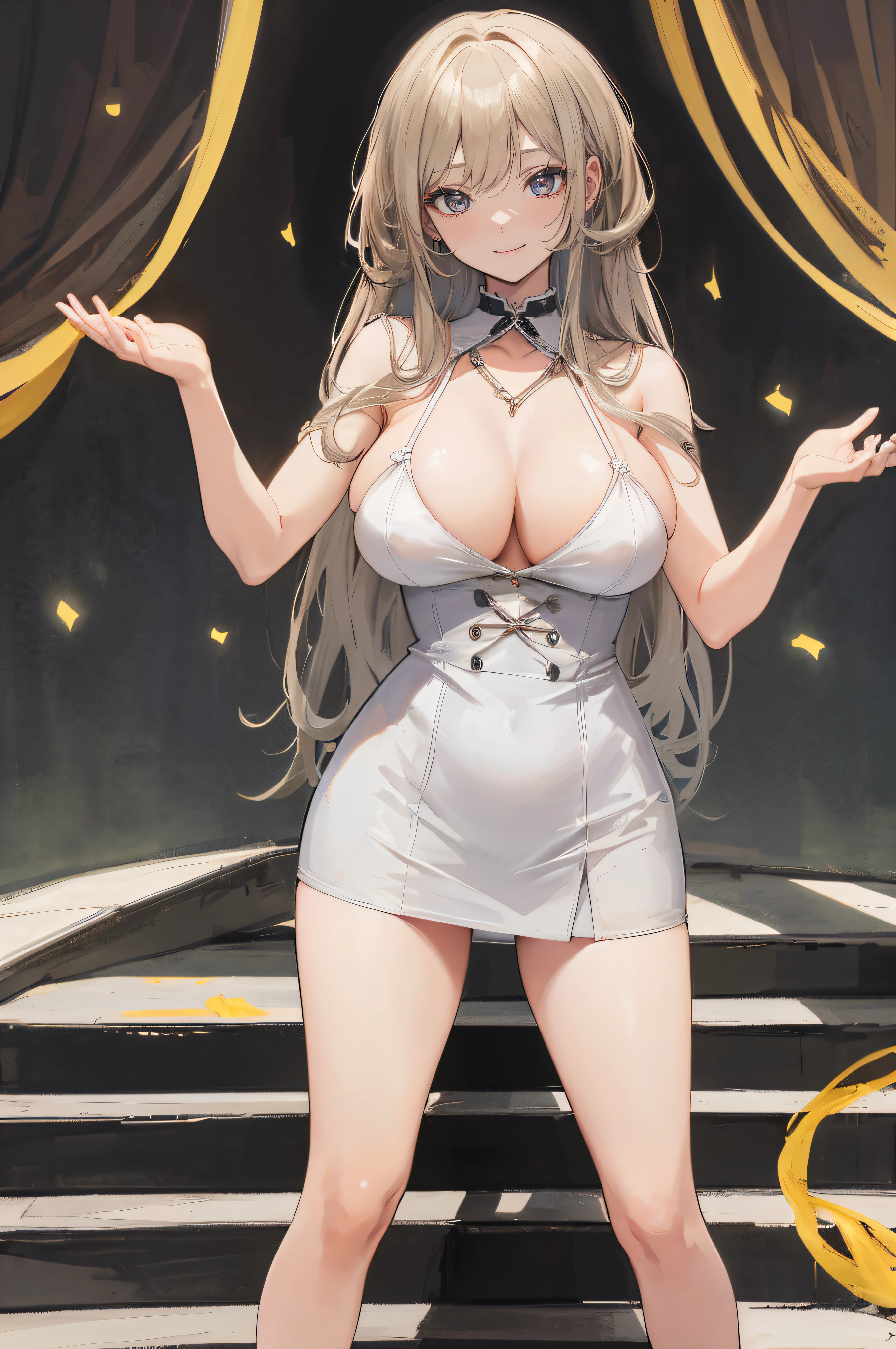 ((A sexy and beautiful woman is looking down at me from the top of the stairs)), ((The cutest 22-year-old beauty)), ((Charming smile)), ((Very long hair) ), (( miniskirt)), ((rich bust)), gradient eyes, seductive makeup, single view, NFFSW, UHD, retina, masterpiece, accurate, anatomical, scientifically correct, textured skin, super detail, high detail , High Quality, Award Winning, Top Quality, High Resolution, 1080P, HD, 4K, 8k, 16k