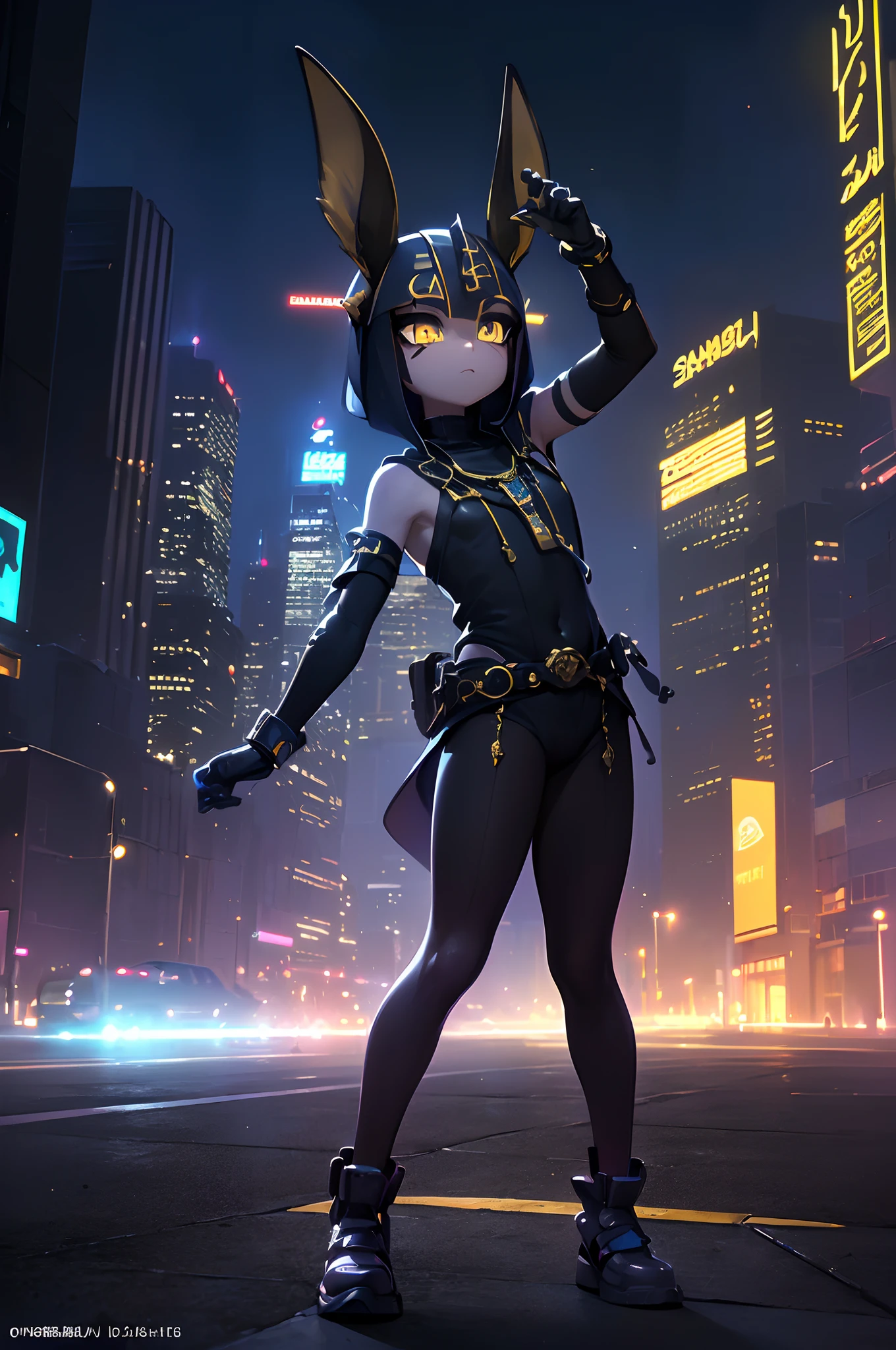 (Dynamic Angle:1.4), ((Full body posing:1.5), (Colorful:1.2), (Highly detailed CG Unity 16K wallpaper:1.1), (Denoising strength: 1.45), (tmasterpiece:1.37), ((Official art)), of the highest quality, (Realistic), Male child, (Short-cut hair:1.2),(Anubis Costume:1.5),Black hair,Glowing eyes,(blue eyess:1.2),((Poses in motion:1.4)),((Anubis Costume:1.3)),wires, (LED:1.3), (a hologram:1.2), futuristic city street, Neon light, Skyscrapers, (Night:1.2), (Rainbow Model:1.2), 8K resolution, (Anime style:1.3), Cinematic lighting, chromatic abberation, spark of light, Ray tracing, blending, ultra wide-angle,  Hasselblad, (masutepiece), (masutepiece), ((Best Quality)), ((masutepiece)), nffsw