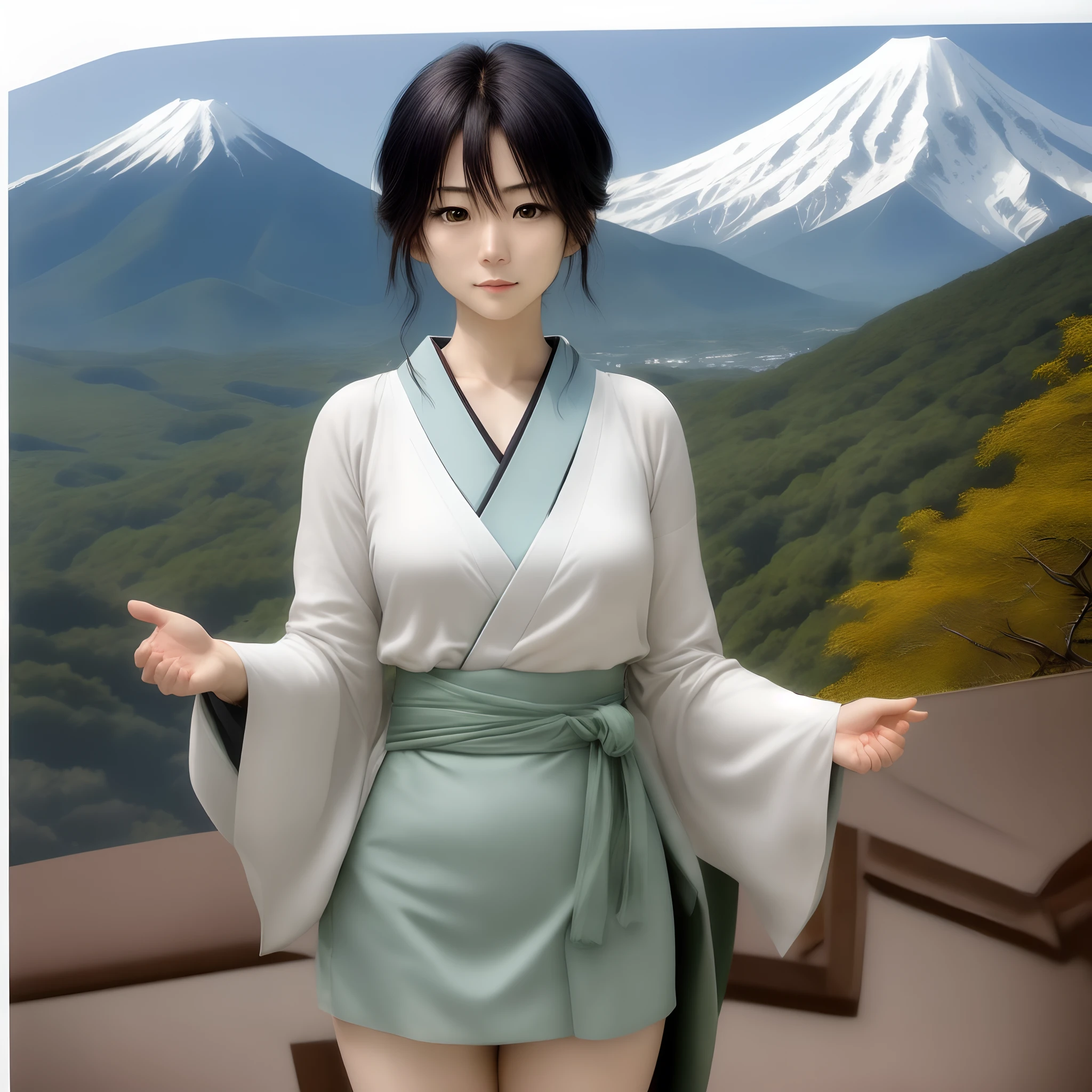 Japanese actressl、Yuki Sakurai is the type。Could you generate a photo of the upper body of a woman resembling Ms. Sakurai against the backdrop of a mountainous landscape?。