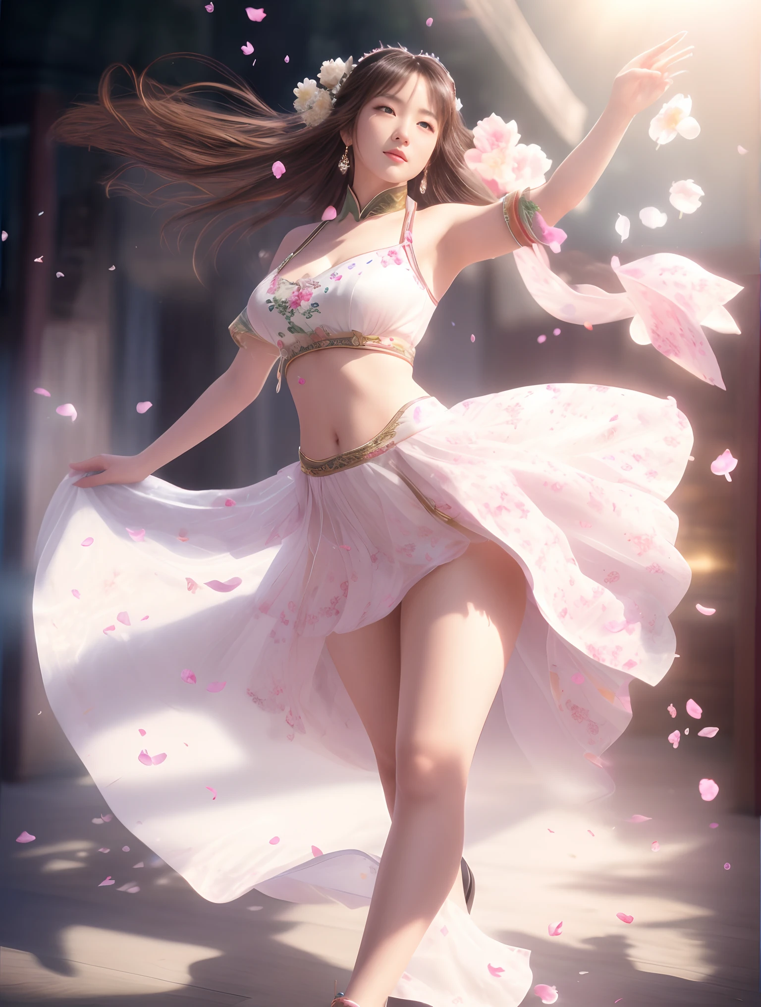 (((UHD))), (((masterpiece))), (((8k))), (((highres))), (((Surrealism))), (((cinematic lighting))), god rays, zoom layer, (((fullbody shot))), f/4.0, Canon, shiny skin,detailed skin,detailed face, detailed eyes, Alafe woman in white dress with floral headpiece dance, 🌺 cgsociety, sakura petals around her, chengwei pan on artstation, ross tran 8 k, 3 d render character art 8 k, wlop and sakimichan, by Leng Mei, guweiz, deviantart artstation cgscosiety, ross tran and wlop