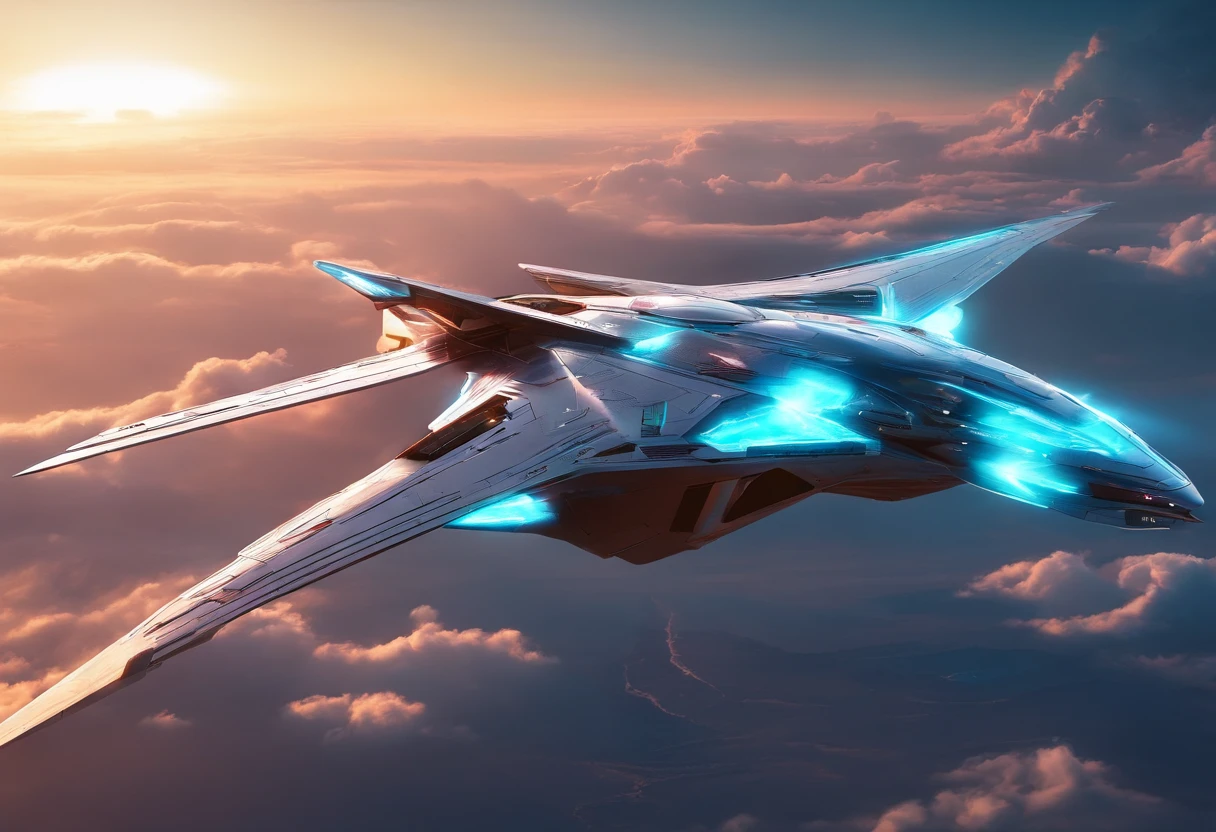 Futuristic aircraft stealth bomber, velocity, Super Flying Machine, with light glowing, design sense,Fly in the sky Ultra HD HDR 8K