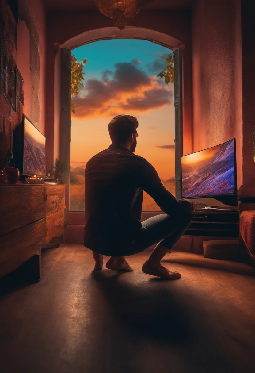 Sad and aimless young man in life in front of the 4k computer