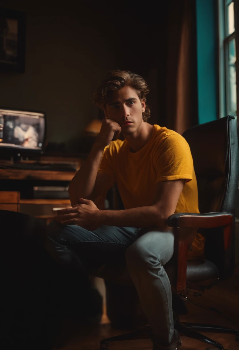Sad and aimless young man in life in front of the 4k computer