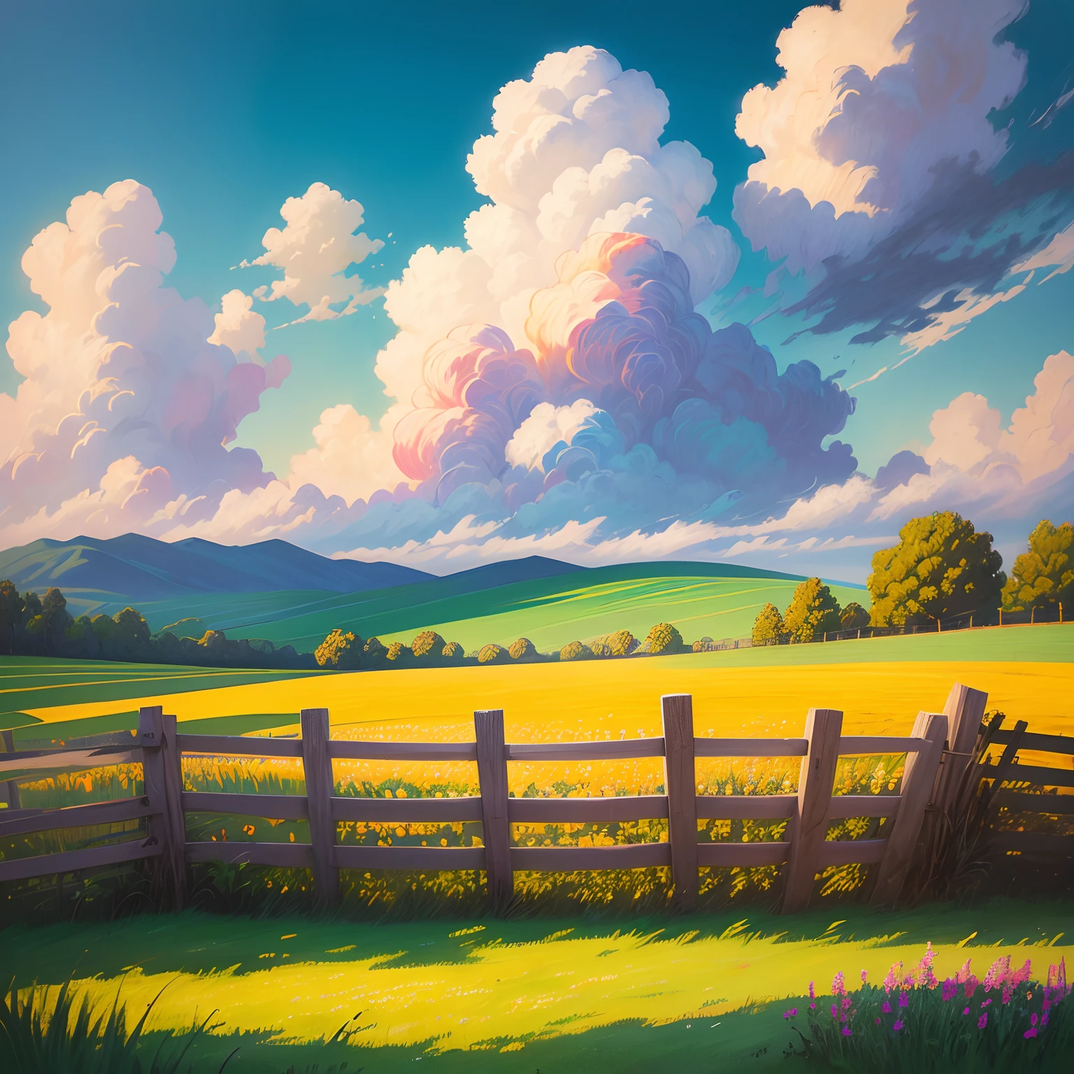 spring, fence, clouds , vibrant, oil pastel ,, rich of elements, hand-draw , depth of field, chiaroscuro , in style of anne marie bone + van gogh, wallart, printable