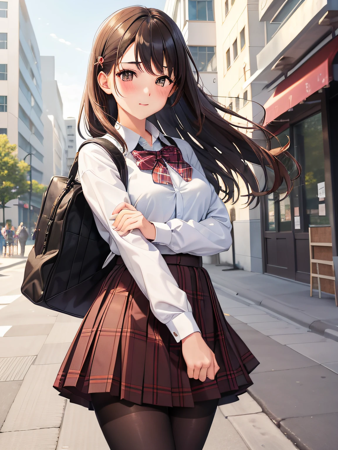 1girl, hight school bag, black_eyes, brown hair, , blush, day, long_hair, looking_at_viewer, outdoors, pantyhose, plaid, plaid_skirt, pleated_skirt, school_bag, summer school uniform, shirt, skirt, sky, solo, thighband_pantyhose, wind, wind_lift