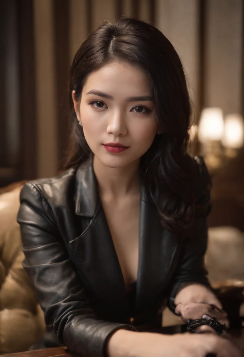 I'm wearing black leather gloves up to my fingertips in both hands and covering my upper body. Black leather double rider jacket. Slender necklace. A young and cute Japanese girl with beautiful black hair. Sitting on a black leather chair at the desk in the president's room at night. Pray.
