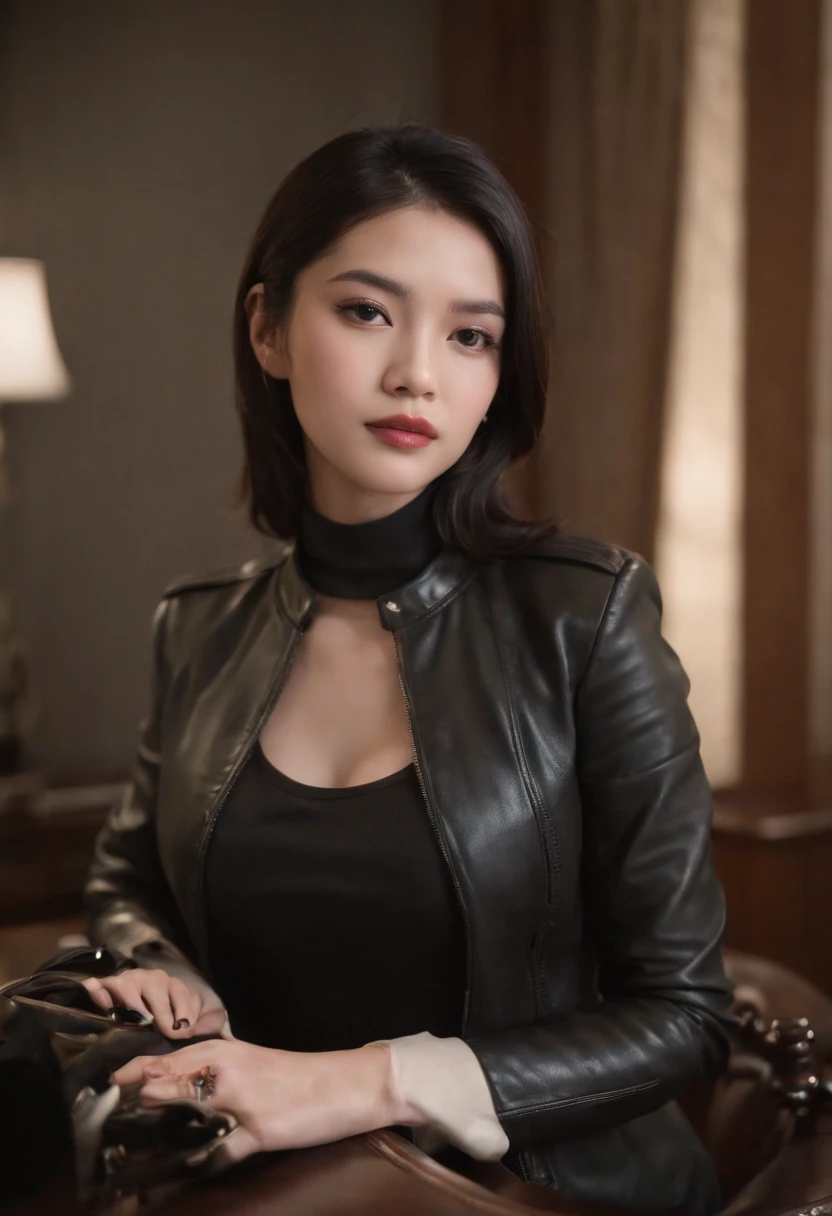 I'm wearing black leather gloves up to my fingertips in both hands and covering my upper body. Black leather double rider jacket. Slender necklace. A young and cute Japanese girl with beautiful black hair. Sitting on a black leather chair at the desk in the president's room at night. Pray.