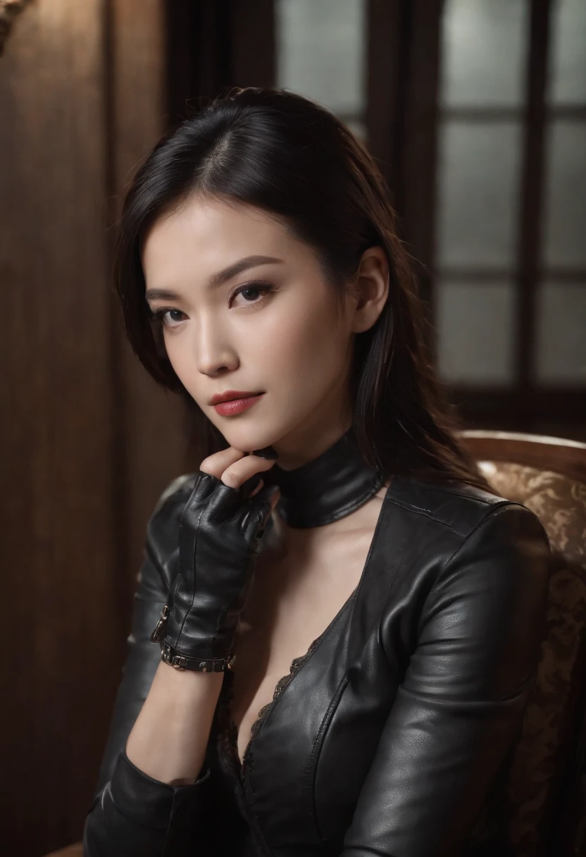 I'm wearing black leather gloves up to my fingertips in both hands and covering my upper body. Black leather double rider jacket. Slender necklace. A young and cute Japanese girl with beautiful black hair. Sitting on a black leather chair at the desk in the president's room at night. Pray.