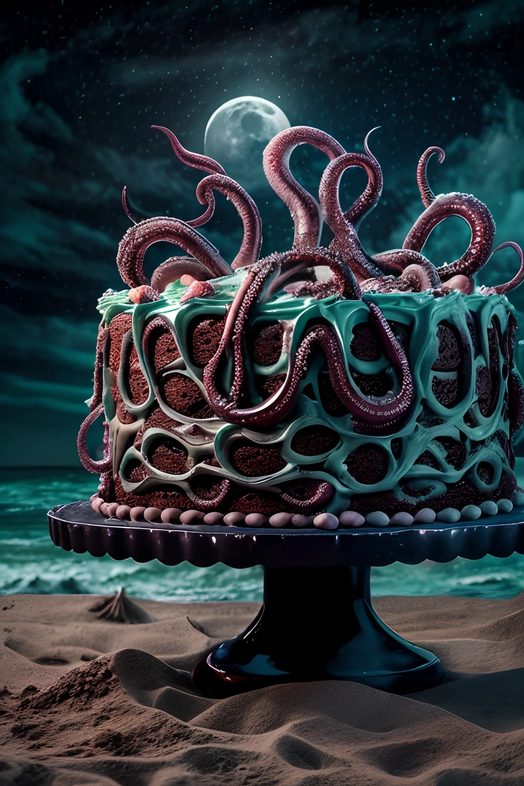 Photo of (creepy) cake on a (spooky) beach, moon, style of hp Lovecraft, tentacles, elaborate intricate detailed high quality highres dramatic lighting 8k high saturation