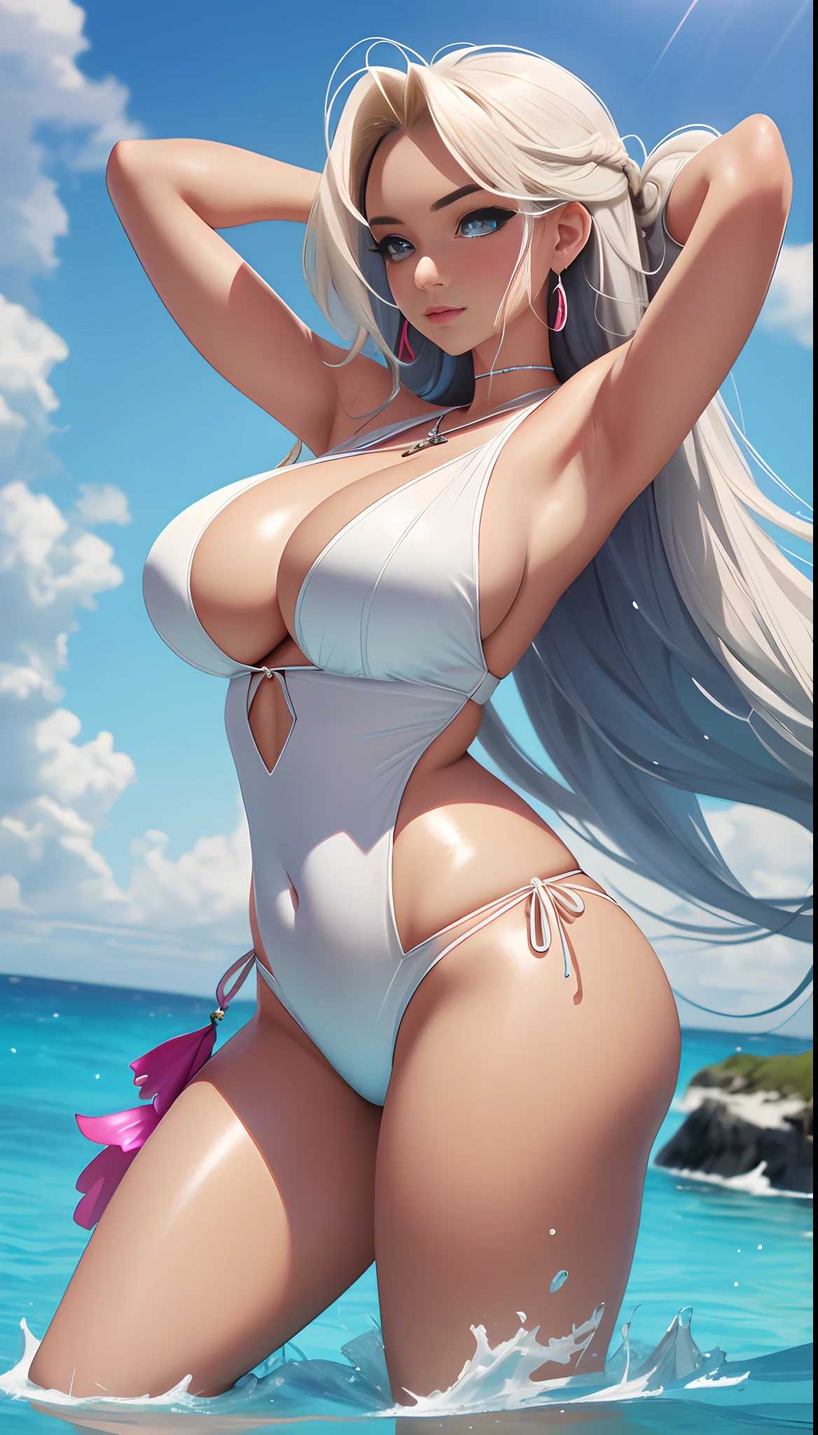 1girll, Anime fantasy artwork，Sexy swimsuit，Plump breasts，gigantic cleavage breasts:1.6， Long hair，Shiny skin:1.4，primitive，tmasterpiece，ultra fine photos，best qualtiy，超高分辨率，Photoreality，rays of sunshine，full-body portraits，stunningly beautiful，dynamicposes，delicated face，Vibrant eyes，（seen from the side）detailed face with，opulent，Highly detailed skin，Realistic details of skin，Visible Pore，tack sharp focus，volume fog，8K  UHD，digital SLR camera，high qulity，filmgrain，White skin of the，photo-realism，semi transparent