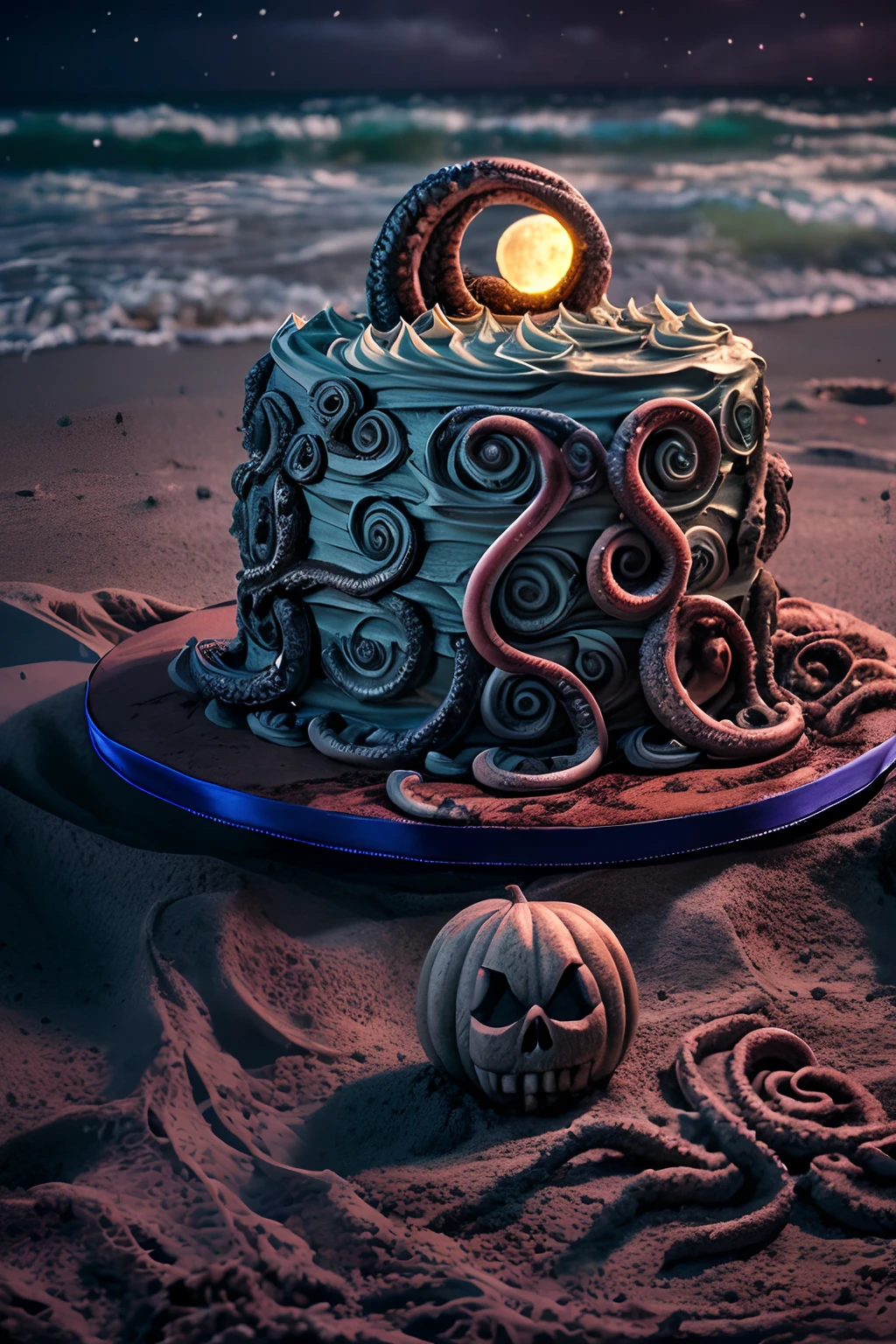 Photo of (creepy) cake on a (spooky) beach, moon, style of hp Lovecraft, tentacles, elaborate intricate detailed high quality highres dramatic lighting 8k high saturation
