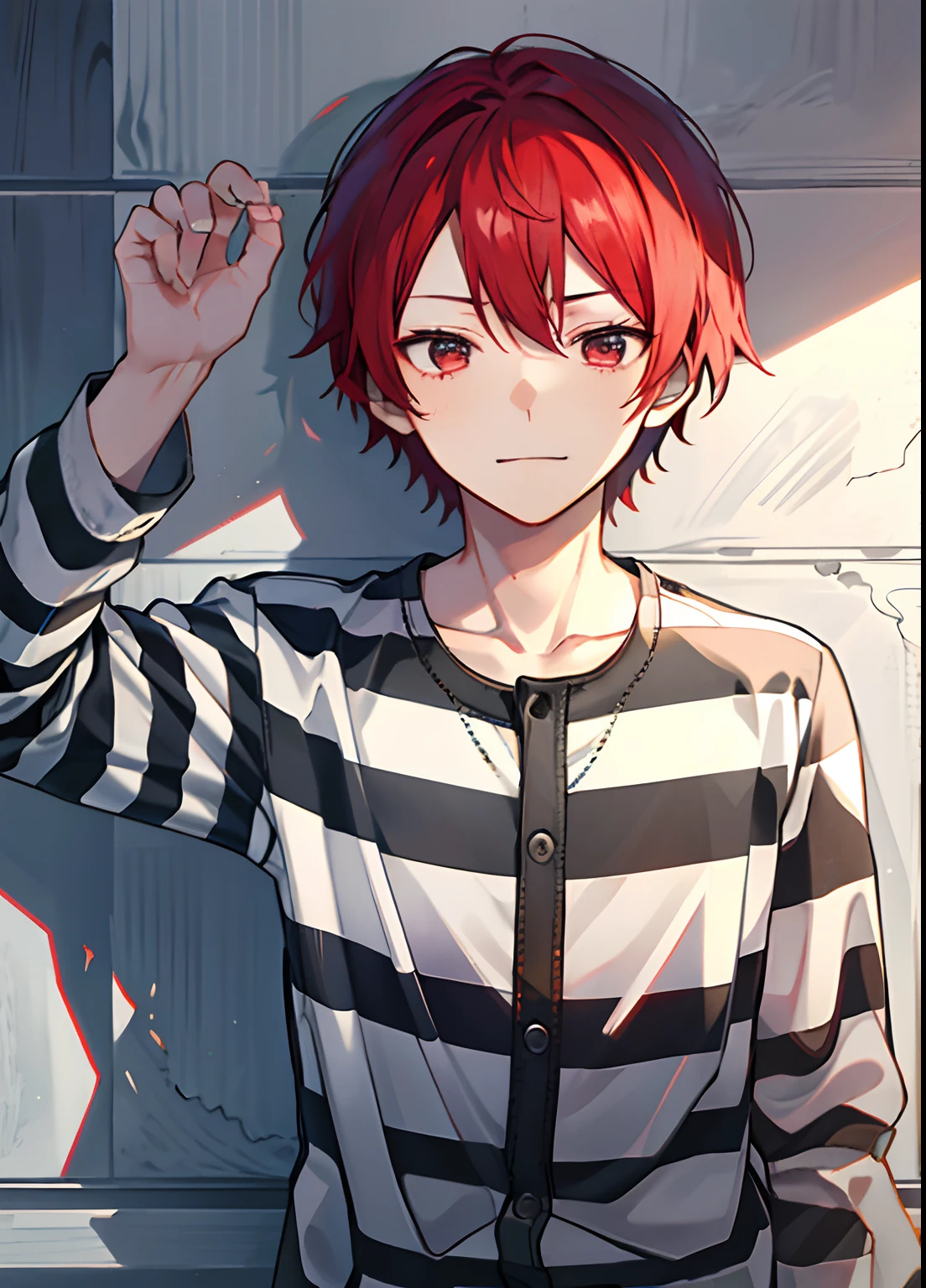 1boy, Handsome man, Solo,Very short red hair, red hair, up looking_で_viewer, ((masutepiece,Best Quality)), Beautiful detailed eyes, beautifull detailed face、Sleepy face、sleepy expression、A slight smile, (((priclothes))), (((striped clothes))), shirt, outfit, (long sleeves), prisoner, clothes, clothing, black and white stripes, prison cell, young, buttons