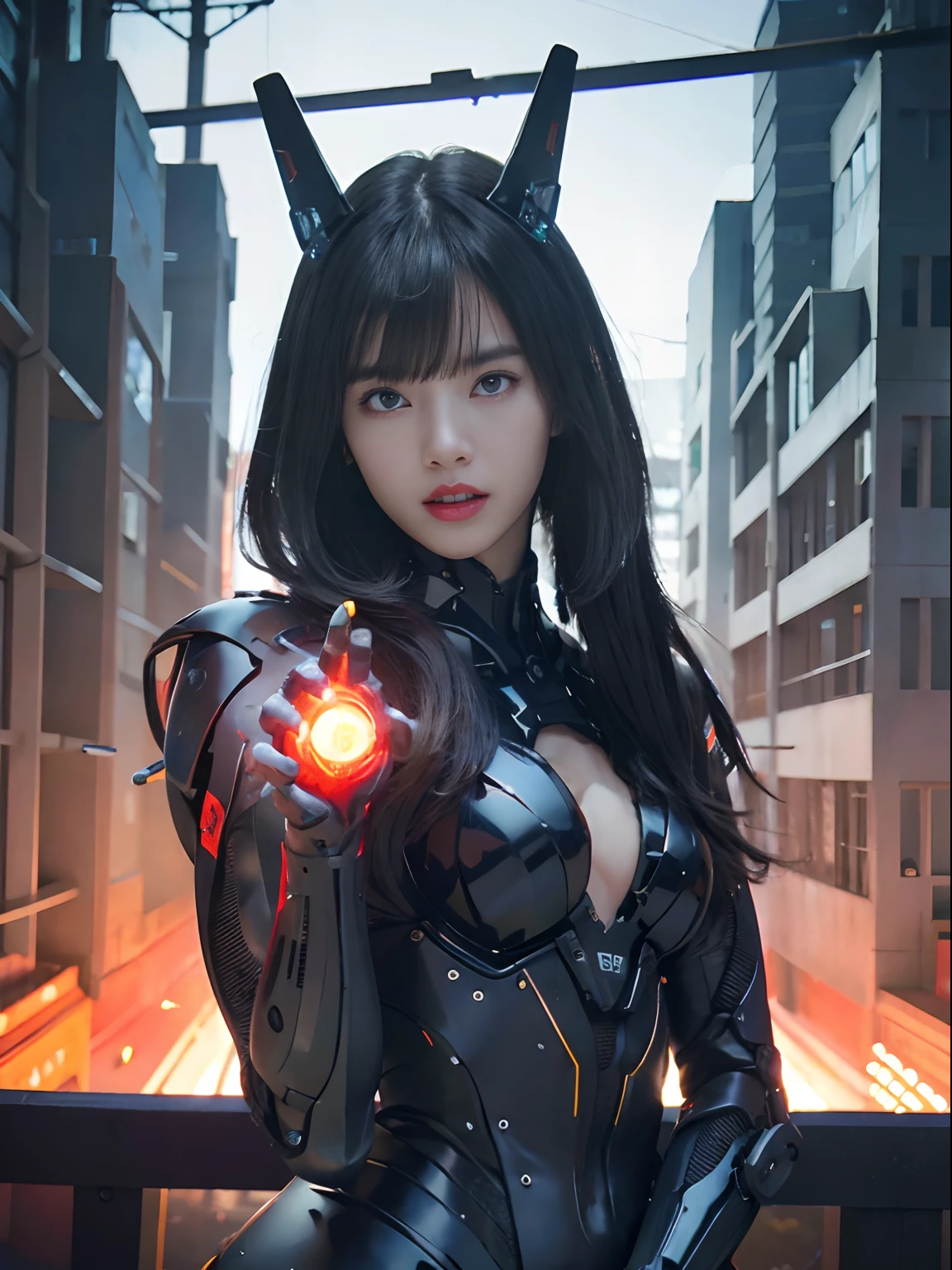 (Part of the skin is a computer)、top-quality、masterpiece、超A high resolution、(With a futuristic machine gun、holding knive),(Wearing a futuristic hat)、(Photorealsitic:1.4)、Raw photo、女の子1人、Black hair、glowy skin、((1 Mechanical Girl))、((super realistic details))、portlate、(Mystical expression)、explosions、Particles of light、(Small LED lamp)、Wire tubes that glow all over the body、(With state-of-the-art weapons),globalillumination、Shadow、octan render、8K、Armpit、ultrasharp、Colossal tits、Small LED lamp、Raw skin is exposed in cleavage、metals、blood vessels connected to tubes、With weapons、Red bodysuit、Armpit、Cyberpunk city background、Details of complex ornaments、Japan details、highly intricate detail、Realistic light、CGSoation Trends、Blue eyes、radiant eyes、Facing the camera、neon details、(Tattoo numbers on the face)、Mechanical limbs、blood vessels connected to tubes、Mechanical vertebrae attached to the back、mechanical cervical attaching to neck、Wires and cables connecting to the head、Gundam、Small LED lamp、Toostock、Toostock、Futuristic machine gun、Knives、(White Metallic Bodysuit),(Futuristic motorcycle background)、