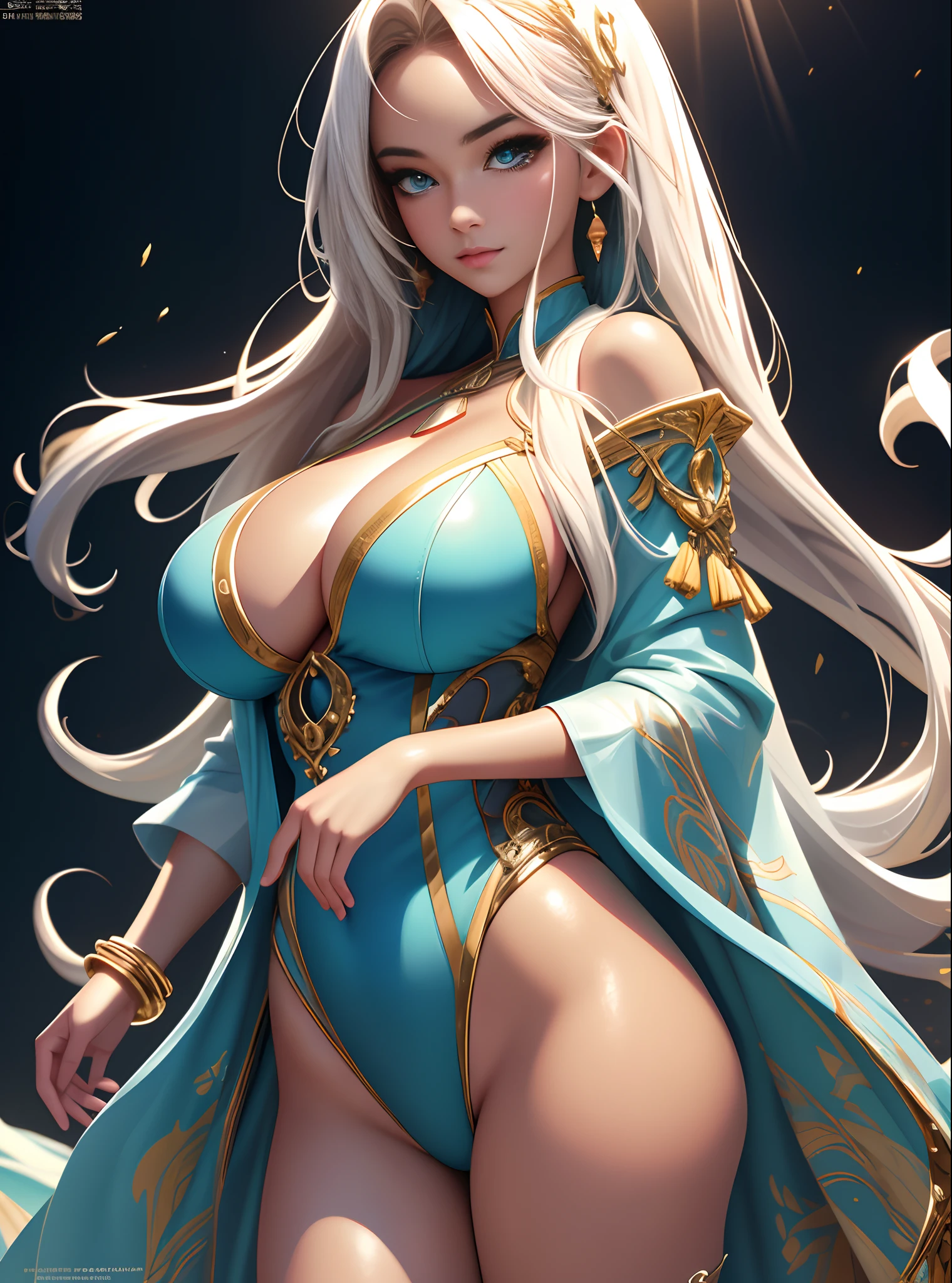 1girll, Anime fantasy artwork，Sexy swimsuit，Plump breasts，gigantic cleavage breasts:1.6， Long hair，Shiny skin:1.4，primitive，tmasterpiece，ultra fine photos，best qualtiy，超高分辨率，Photoreality，rays of sunshine，full-body portraits，stunningly beautiful，，dynamicposes，delicated face，Vibrant eyes，（seen from the side）detailed face with，Detailed and complex busy background，opulent，Highly detailed skin，Realistic details of skin，Visible Pore，tack sharp focus，volume fog，8K  UHD，digital SLR camera，high qulity，filmgrain，White skin of the，photo-realism，DL， look from down, semi transparent
