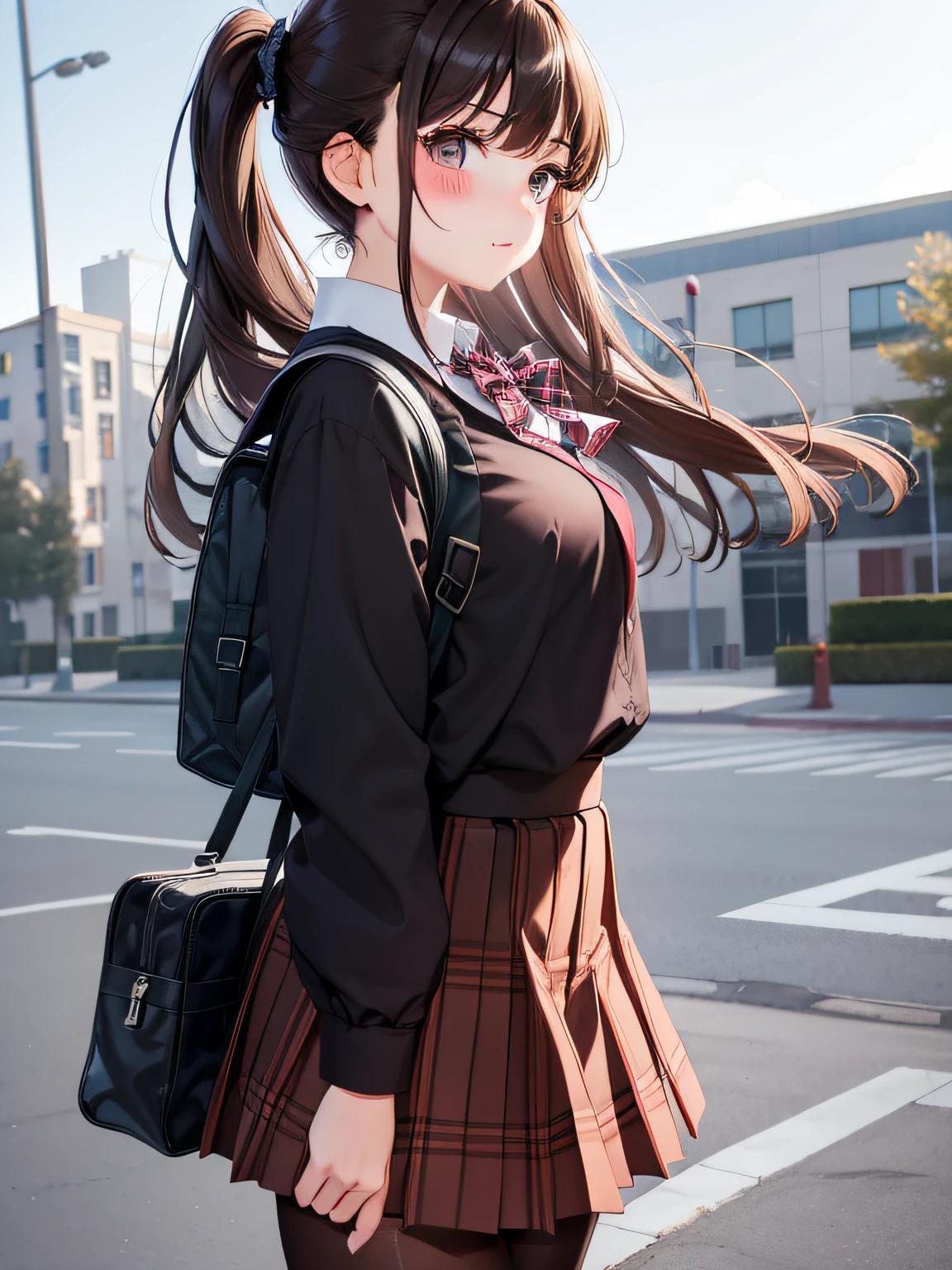 1girl, hight school bag, black_eyes, brown hair, , blush, day, long_hair, looking_at_viewer, outdoors, pantyhose, plaid, plaid_skirt, pleated_skirt, school_bag, summer school uniform, shirt, skirt, sky, solo, thighband_pantyhose, wind, wind_lift