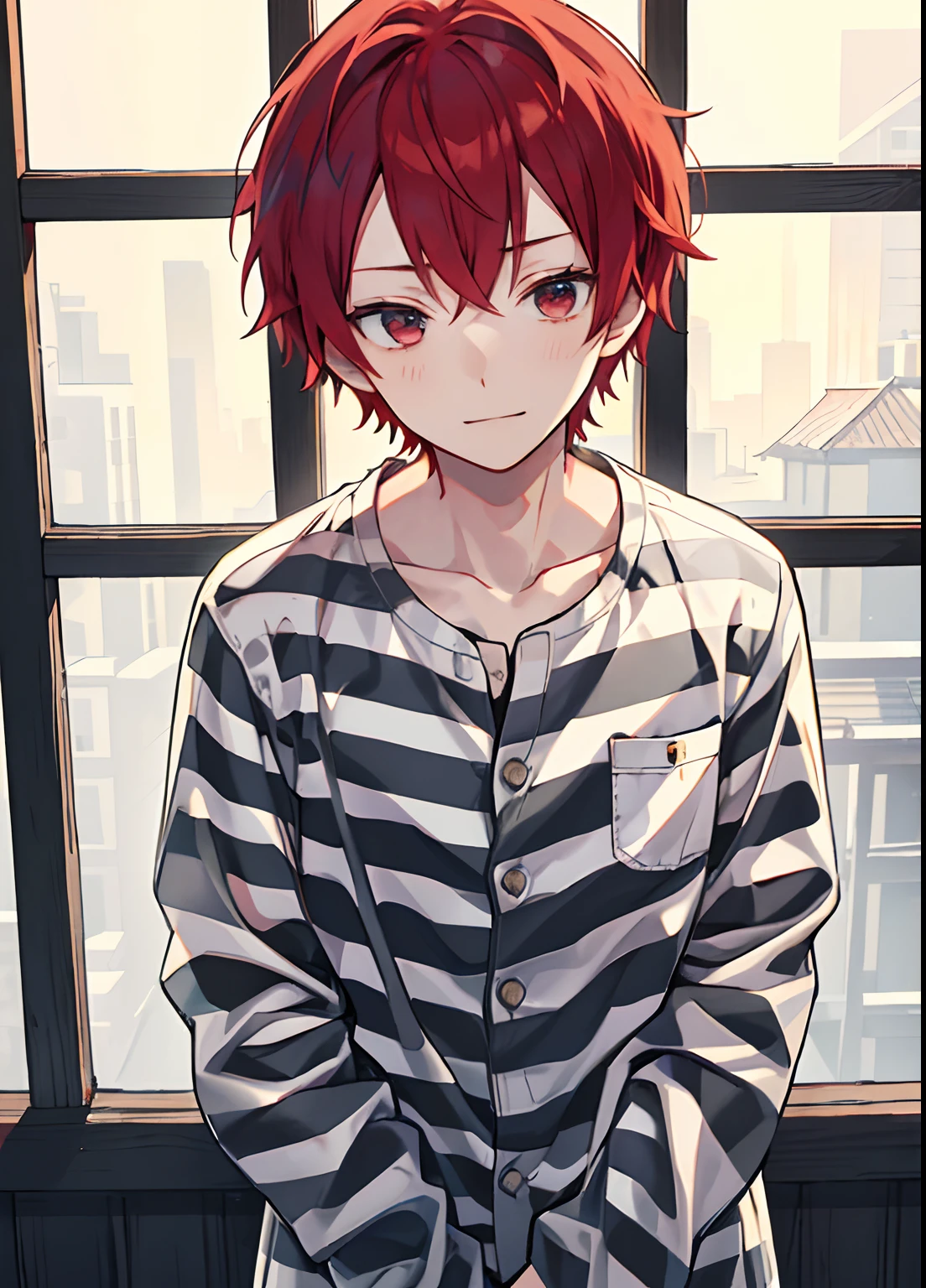 1boy, Handsome man, Solo,Very short red hair, red hair, up looking_で_viewer, ((masutepiece,Best Quality)), Beautiful detailed eyes, beautifull detailed face、Sleepy face、sleepy expression、A slight smile, (((priclothes))), (((striped clothes))), shirt, outfit, (long sleeves), prisoner, clothes, clothing, black and white stripes, prison cell, young, buttons