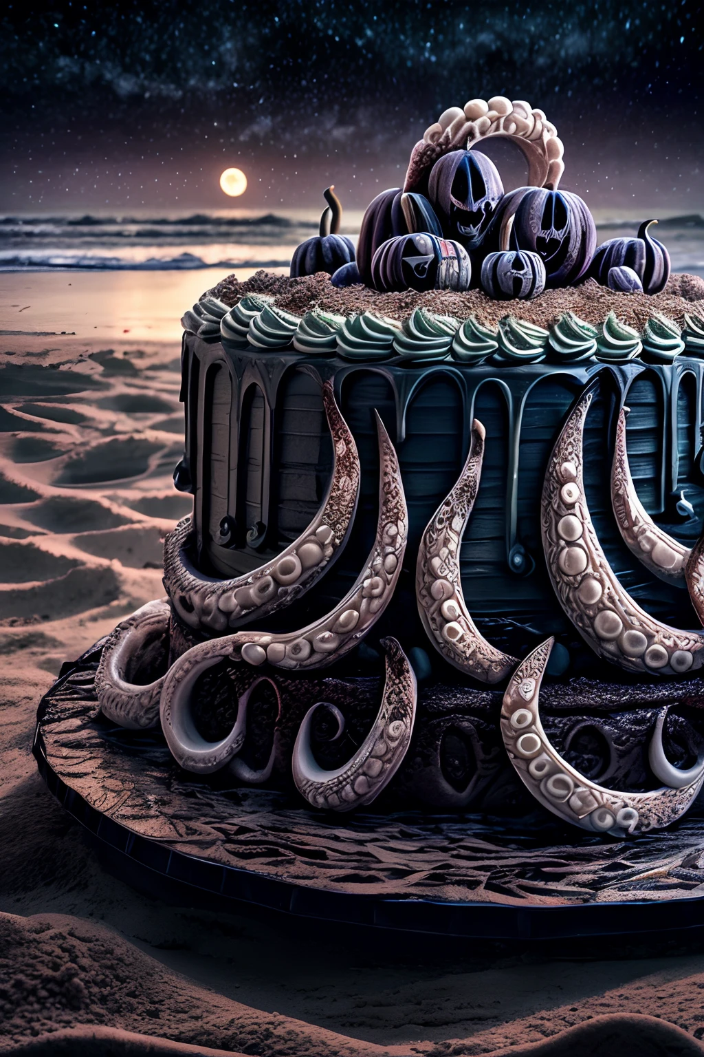 Photo of (creepy) cake on a (spooky) beach, moon, style of hp Lovecraft, tentacles, elaborate intricate detailed high quality highres dramatic lighting 8k high saturation