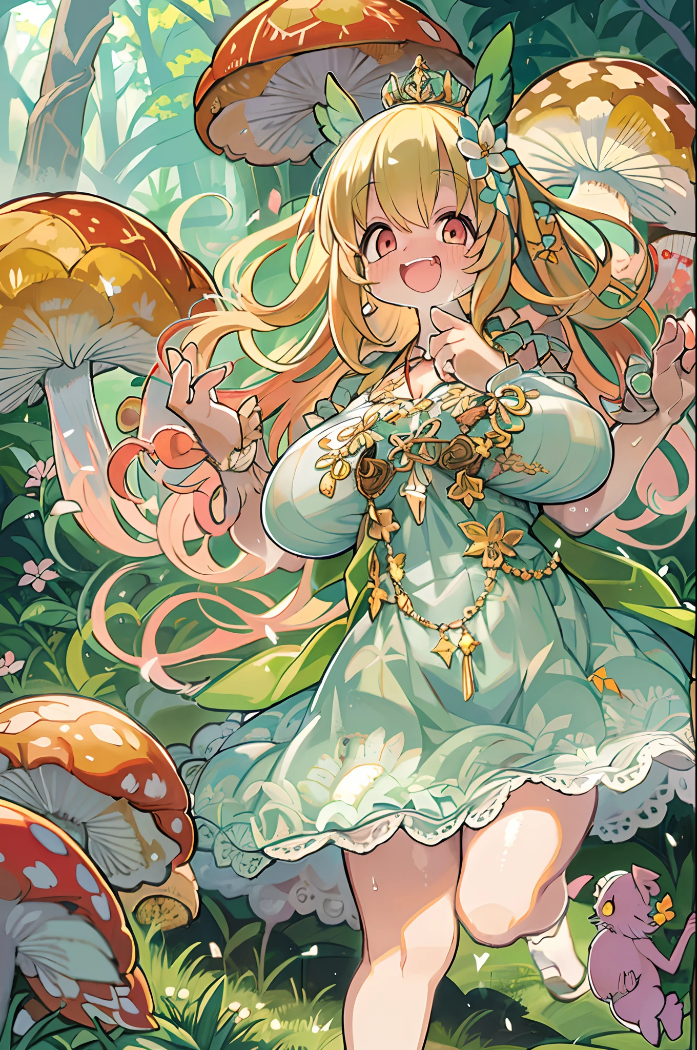An anime girl with light blonde hair and pale blue-purple eyes、She is wearing a pink off-the-shoulder puffy sleeve dress and knee-length white boots.。、(Nipples are visible)、(Female genitalia is visible)、Sit in the forest next to an orange mushroom surrounded by fireflies under the stars ,Big Breasts、(((Chubby))),Big thighs,Big smile、((Spread your legs wide))