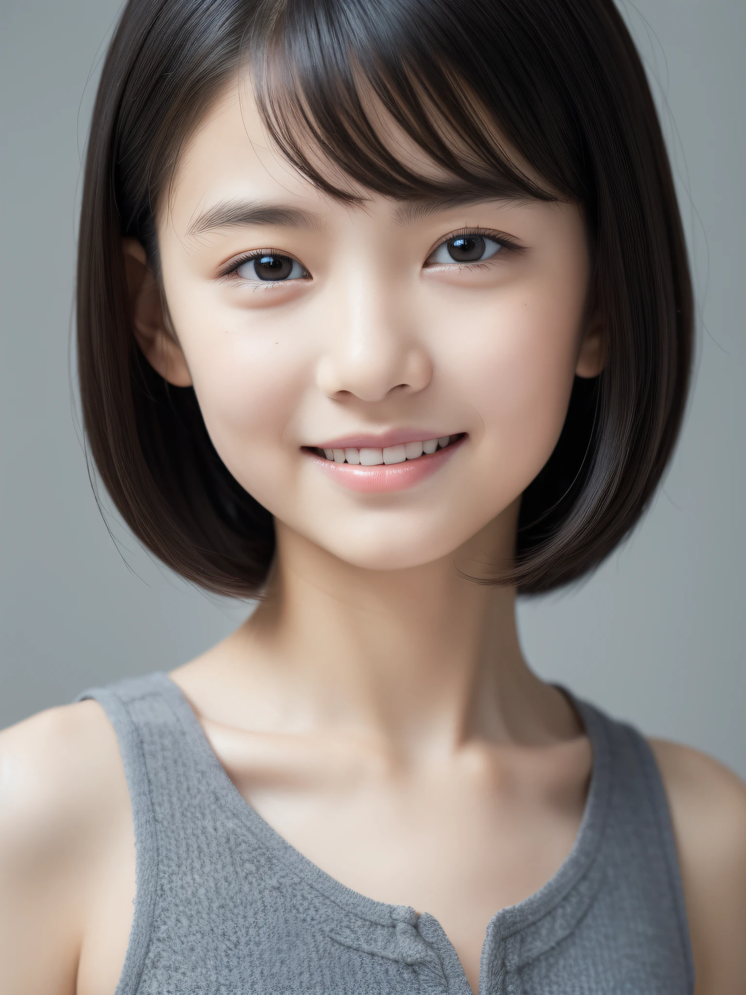 Neat and clean elementary school girl, petite person, (slim, Small, Flat, Small), Short black hair, Photorealistic, detail, Detailed skin texture, Ultra Detail, delicate sexy collarbone, Smile, Super Detailed Face, Detailed lips, Detailed eyes, (10years old girl)、Delicate eyebrows、short neck、Little baby face、Professional Photography、(watching at viewers)、doress、natural soft light、f lare