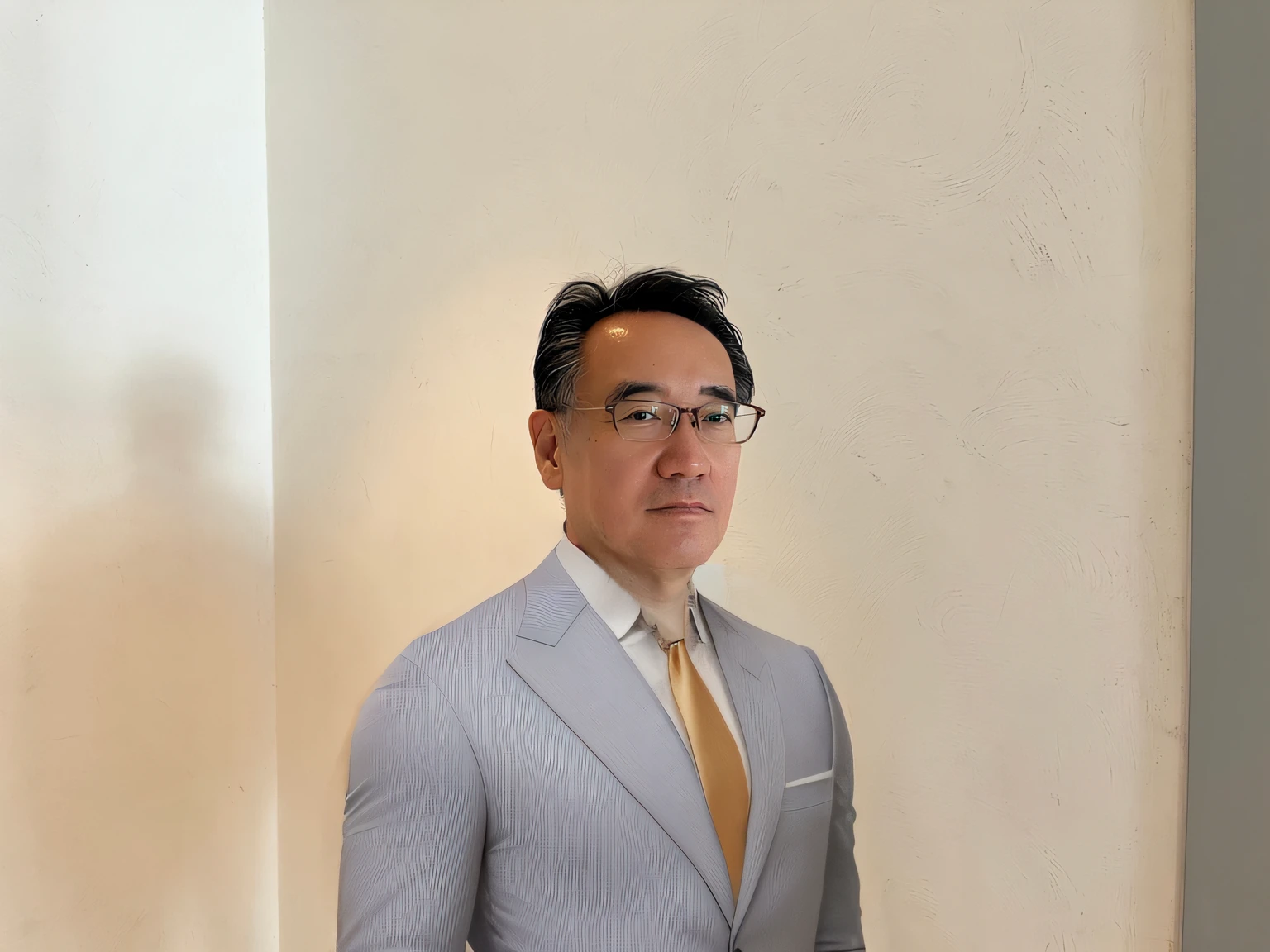 Slightly to the right to match the direction and body shape of the body、The shirt、suits、Please wear a tie。