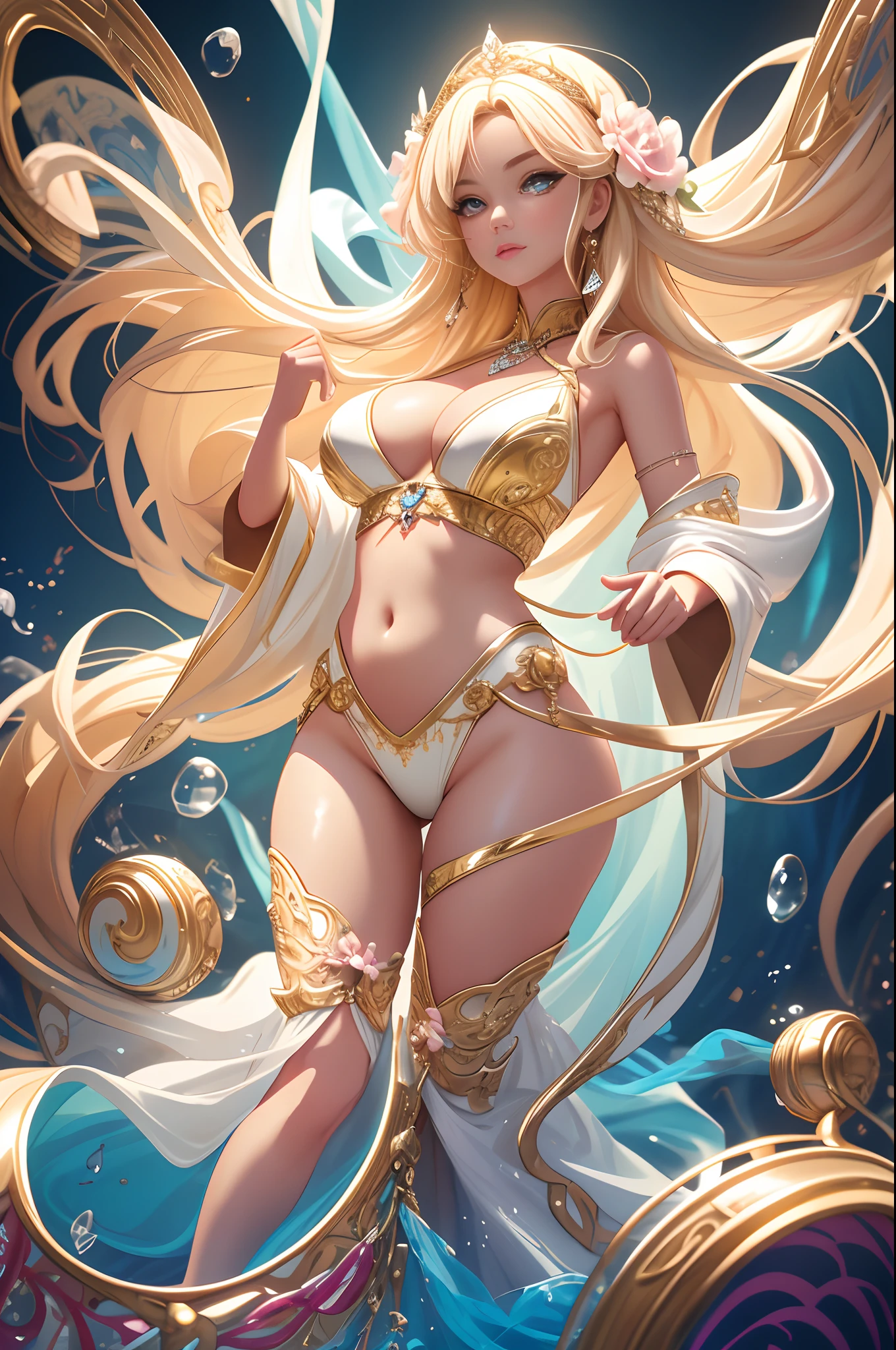 1girll, Anime fantasy artwork,Sexy swimsuit,Plump breasts,gigantic cleavage breasts:1.6, Long hair,Shiny skin:1.4,primitive,tmasterpiece,ultra fine photos,best qualtiy,超高分辨率,Photoreality,rays of sunshine,full-body portraits,stunningly beautiful,,dynamicposes,delicated face,Vibrant eyes,(seen from the side)detailed face with,Detailed and complex busy background,opulent,Highly detailed skin,Realistic details of skin,Visible Pore,tack sharp focus,volume fog,8K UHD,digital SLR camera,high qulity,filmgrain,White skin of the,photo-realism,DL, look from down, semi transparent