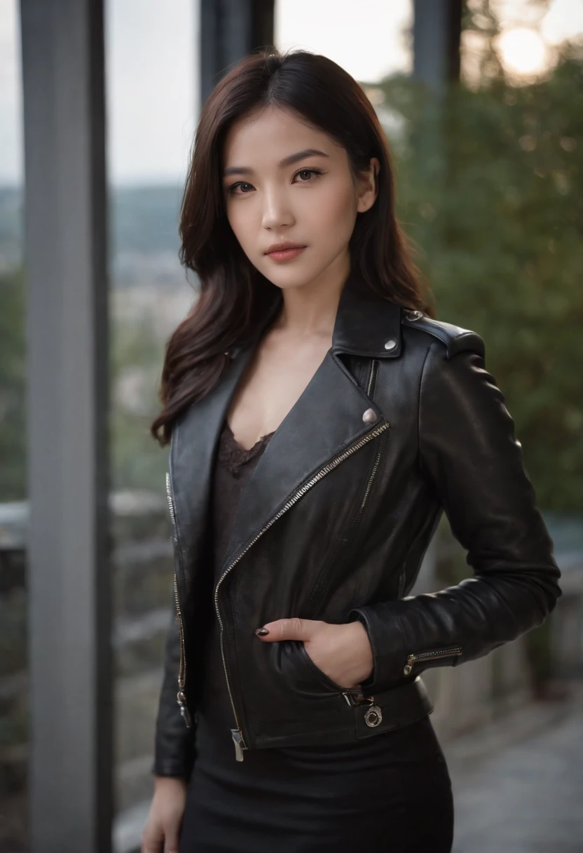 I'm wearing black leather gloves up to my fingertips in both hands and covering my upper body. Black leather double rider jacket. Slender necklace. A young and cute Japanese girl with beautiful black hair. Sitting on a black leather chair at the desk in the president's room at night. Pray.