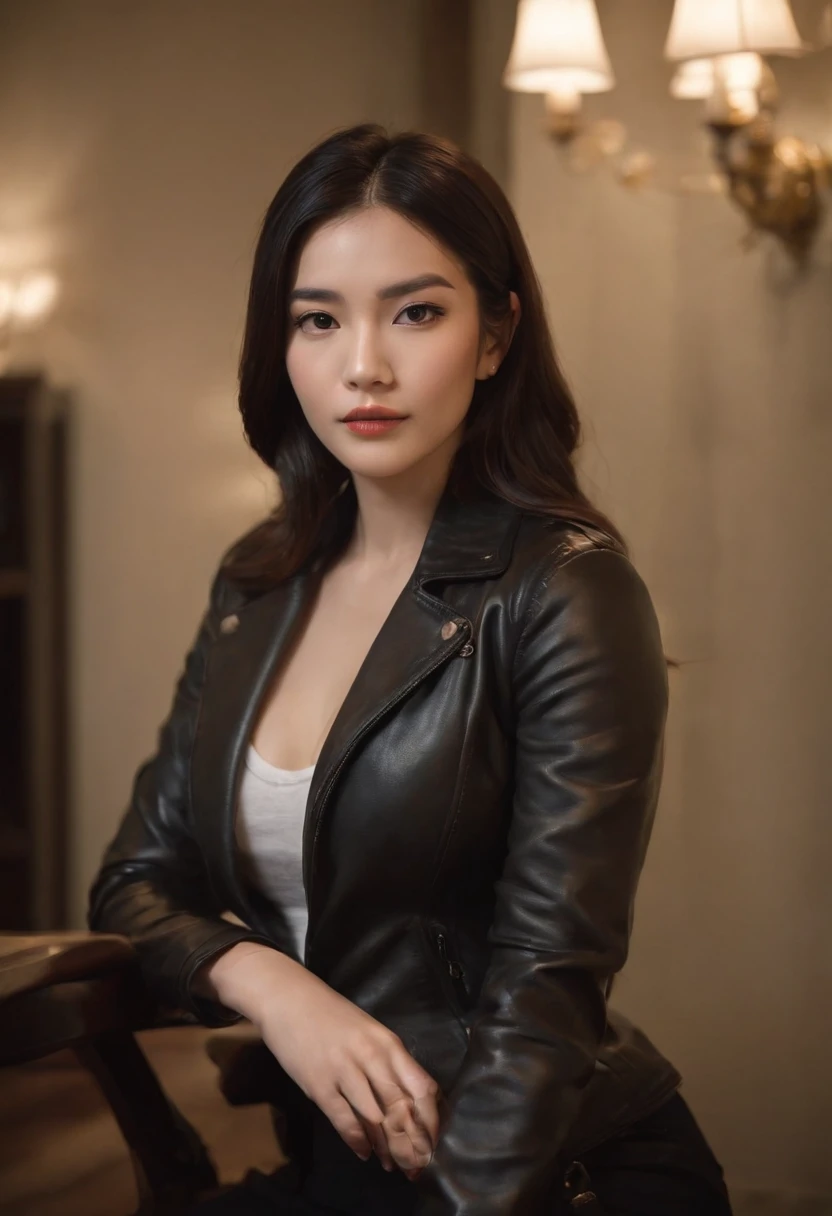 I'm wearing black leather gloves up to my fingertips in both hands and covering my upper body. Black leather double rider jacket. Slender necklace. A young and cute Japanese girl with beautiful black hair. Sitting on a black leather chair at the desk in the president's room at night. Pray.