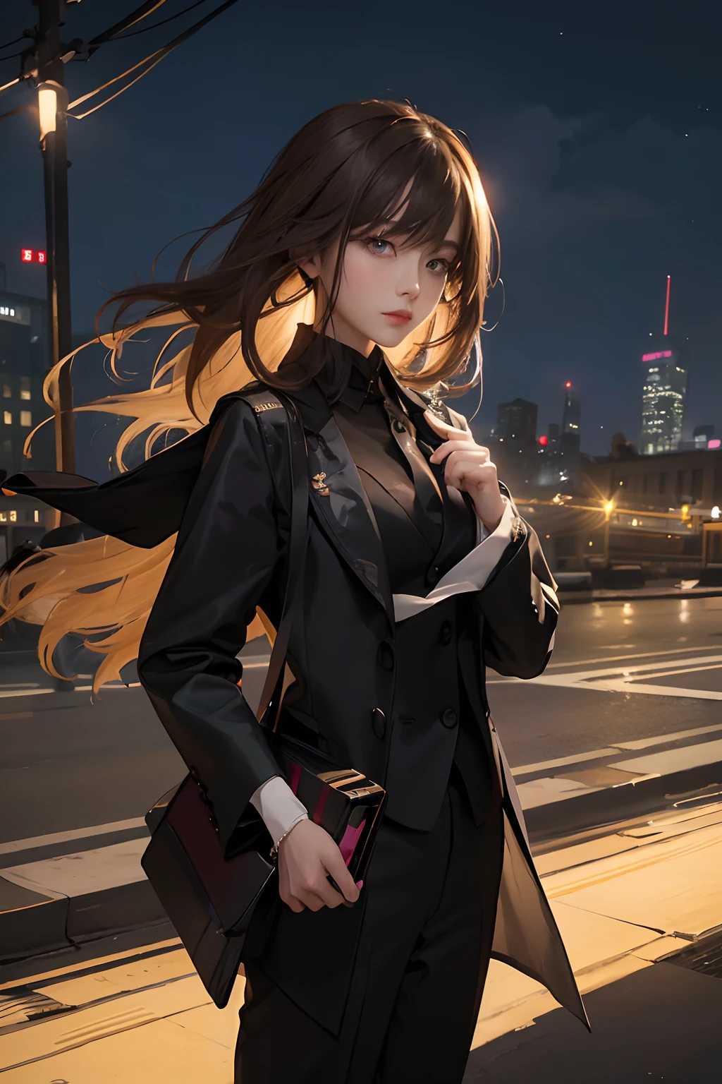 ((Time is night))Urban city。deserted city。One Beautiful Woman。Friendly atmosphere。Beautiful double eyes。with pale brown hair,、It's shoulder-length。((Wearing a suit with a black reckweed。))((Holding a foldable smartphone in one hand))。Serious look。Time of day at night、Location is urban。deserted city。There is a slightly bubbly atmosphere in the air.。８K image quality。High-definition drawings。Masterpiece。