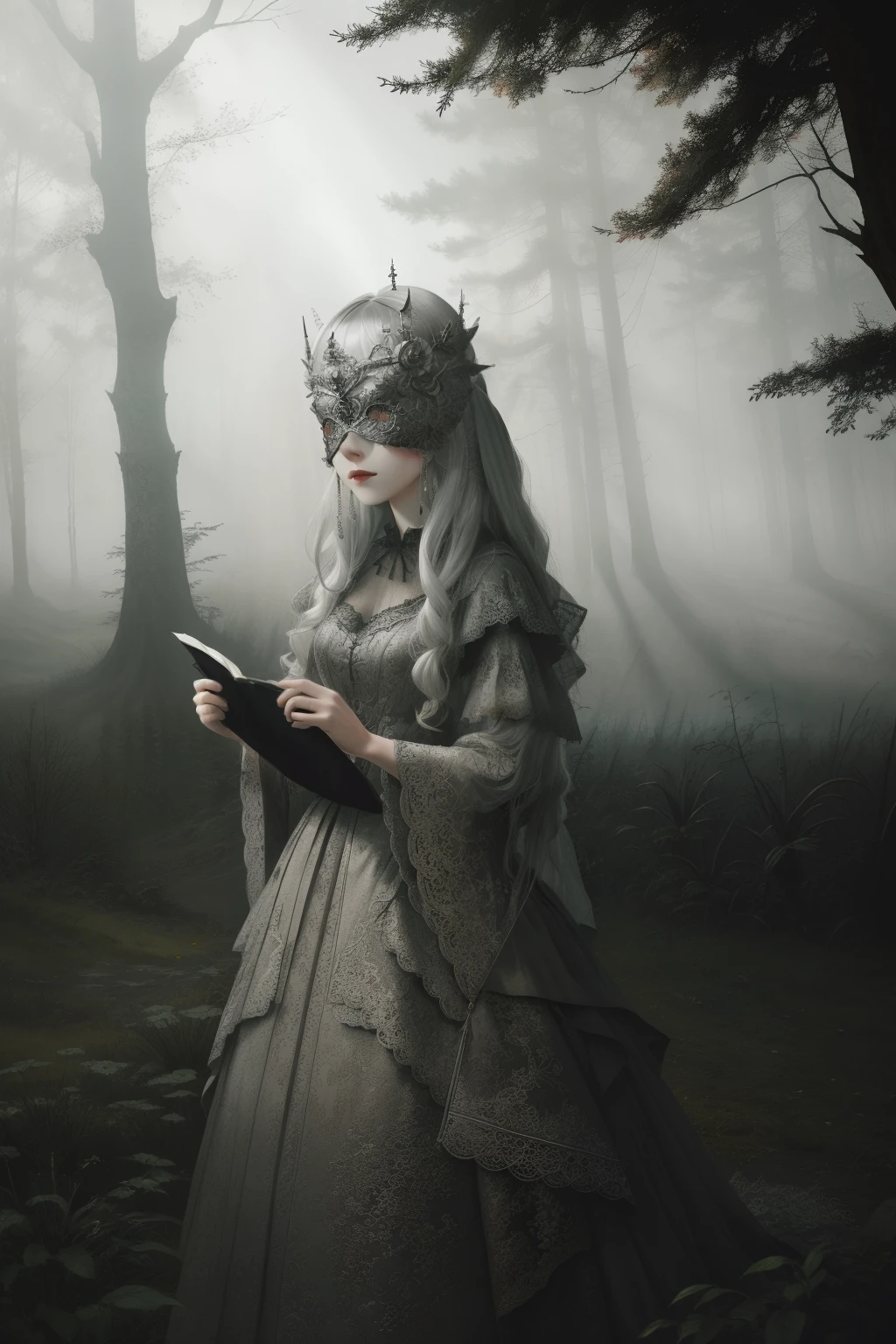 a woman wearing a silver blind mask, gothic dress, lace trim, tone mapped, detailed, highly detailed, digital painting, artstation, concept art, smooth, sharp focus, beautiful illustration, photo, dramatic lighting, god rays, fog, outdoors, dense forest, (natural background), intricate, film grain, professional, taken by a canon eos r5, facing the viewer,