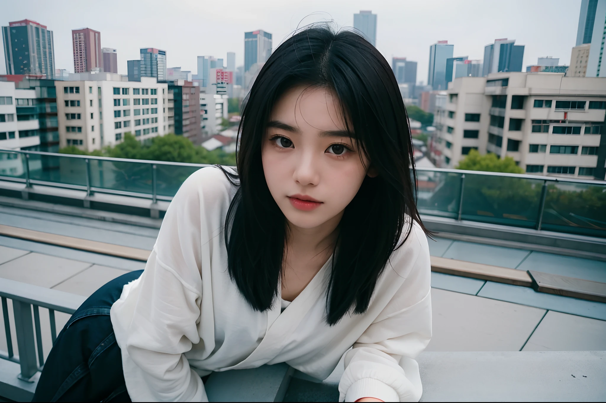 there is a woman that is leaning on a railing in a city, portrait shot, girl sitting on a rooftop, a young asian woman, young asian woman, young asian girl, portrait of a japanese teen, chinese girl, a portrait of a suicidal girl, girl, shot in canon 50mm f/1.2, sitting on a skyscraper rooftop