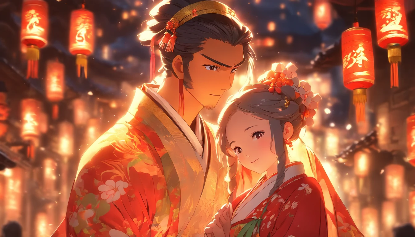 A rich and elegant man, Poor and humble woman, Little girl in traditional costume, A warm gathering of three people, Soft light night Chinese style
