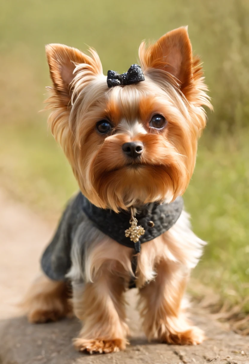 Golddust Yorlshire dog with unique coat: The Golddust Yorkie coat is beautiful and unique, with a combination of long, and drained golden tones. Isso os torna visualmente impressionantes.