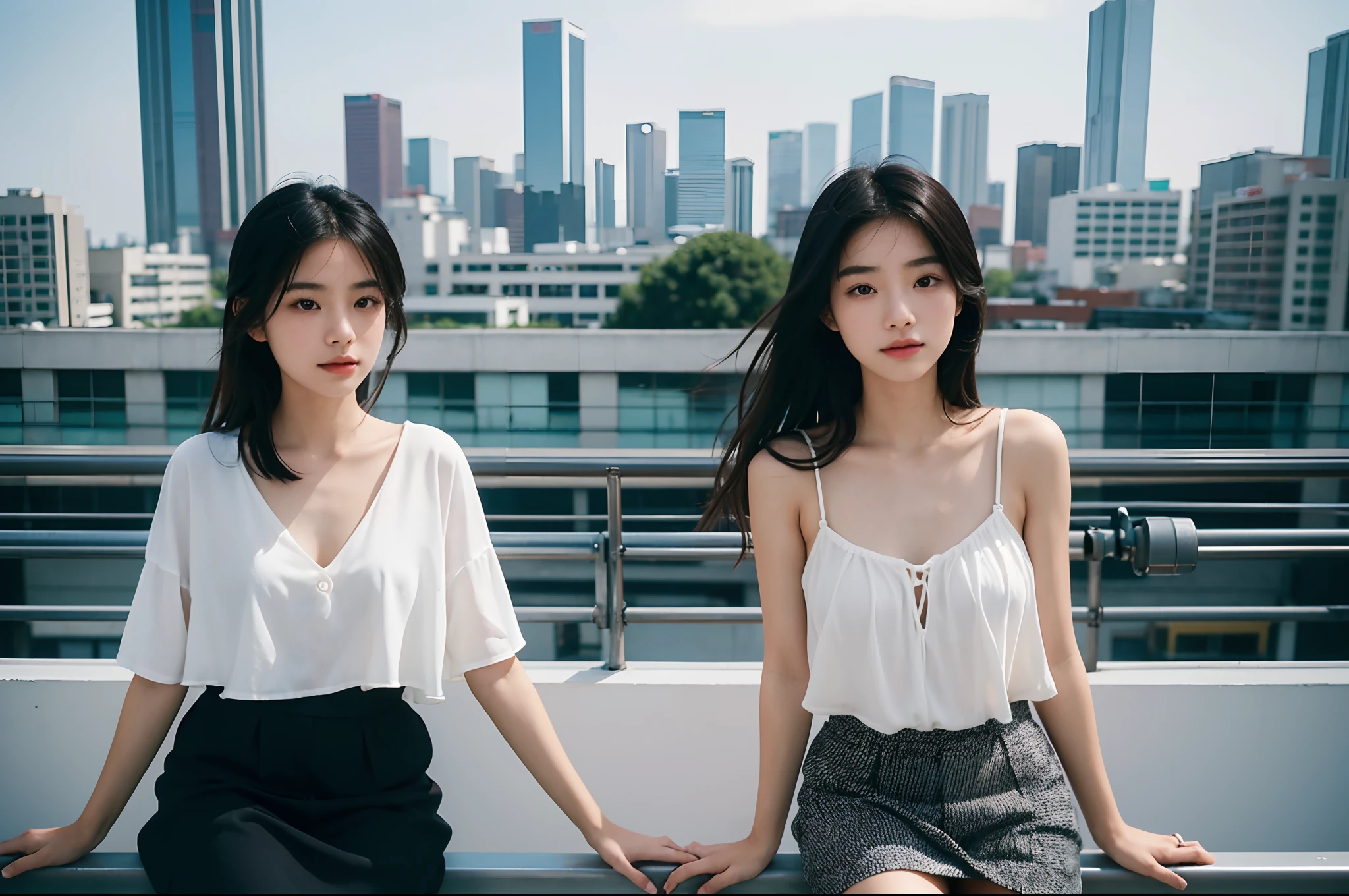 there is a woman that is leaning on a railing in a city, portrait shot, girl sitting on a rooftop, a young asian woman, young asian woman, young asian girl, portrait of a japanese , chinese girl, a portrait of a suicidal girl, girl, shot in canon 50mm f/1.2, sitting on a skyscraper rooftop
