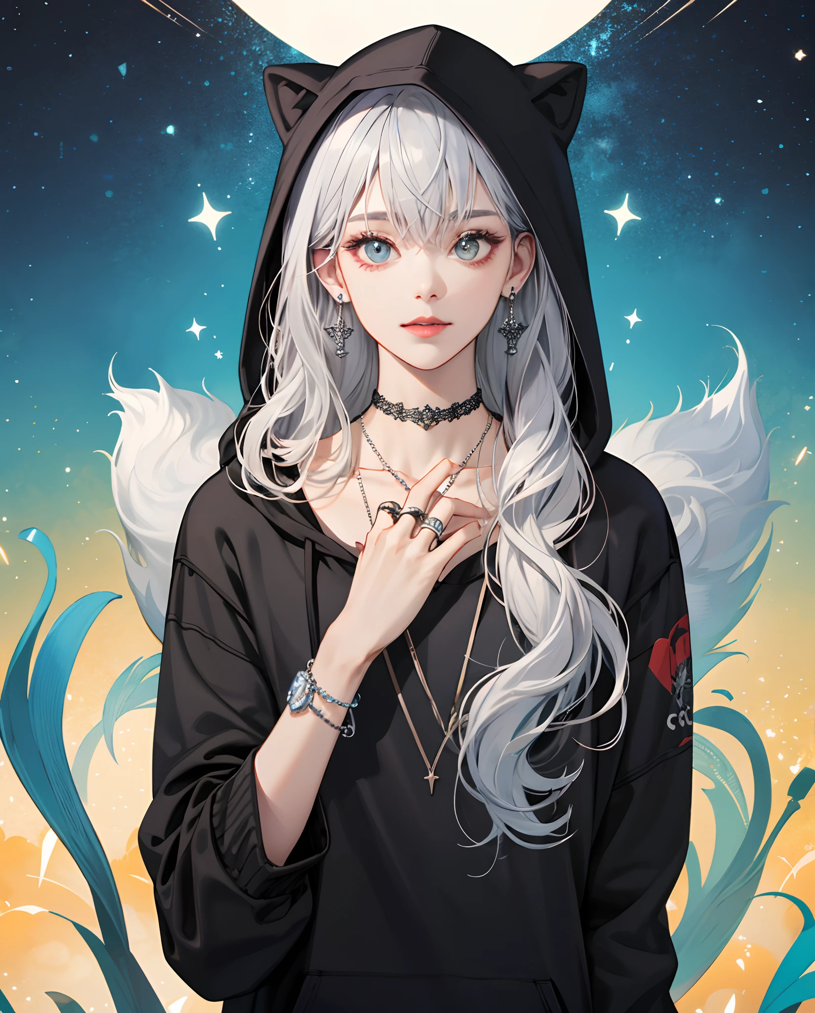 , immensity, double tails, Silver hair, Hoodie, Vintage Gothic, Pose, Cute, Face up, High quality, necklace, ring, Bracelet, Earrings
