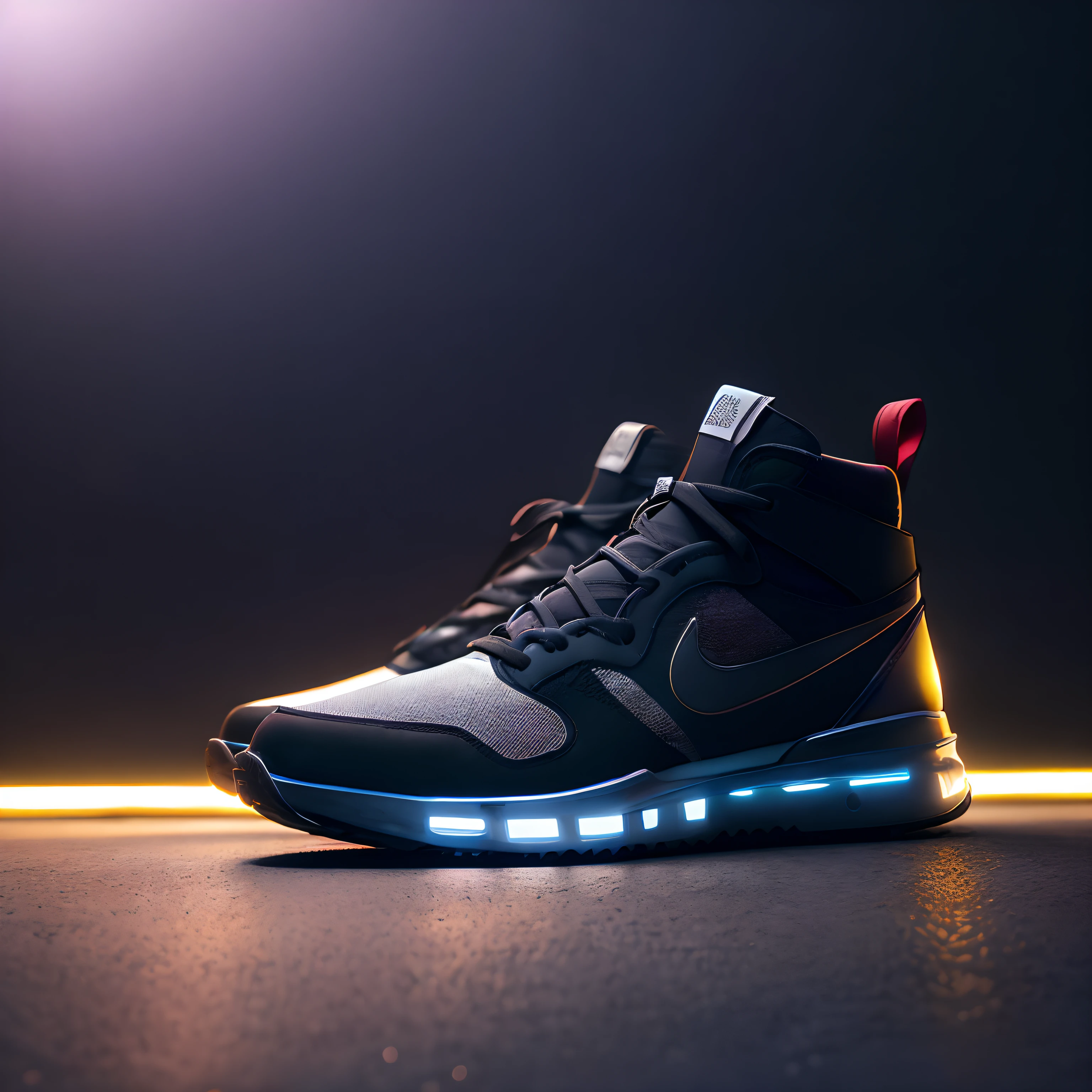 product photography of a cybepunk sneakers, epic render, octane, atmosphere, particles, soft volumetric lights, (backlit:1.3), (cinematic:1.3), intricate details, (ArtStation:1.3)