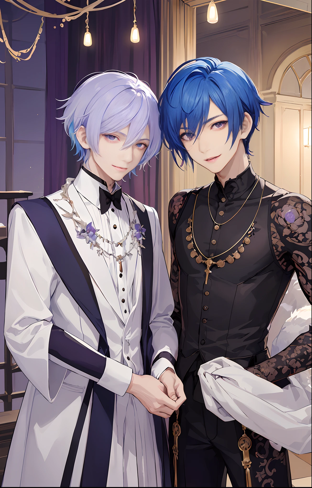 ​masterpiece, top-quality, 2Others, Male couple, 1 man and 1,, Adults, Height difference, different fashion, different color, finely eye and detailed face, intricate detailes, Casual clothing, window, A smile, Happiness, tenderness, queers, Boys Love, high-level image quality、 selfee, Two beautiful men、tall、The upper part of the body、nightfall、nighttime scene、𝓡𝓸𝓶𝓪𝓷𝓽𝓲𝓬、Korean Male, Idol Photos, k pop, Professional Photos, Vampires, Korean fashion in black and white, Fedoman with necklace, inspired by Sim Sa-jeong, androgynous vampire, :9 detailed face: 8, extra detailed face, detailed punk hair, ((eyes are brown)) baggy eyes, Seductive. Highly detailed, semi realistic anime, Vampires, hyperrealistic teen, delicate androgynous prince, imvu, short hair above the ears, Man with short hair, With a purple-haired man with a wild expression, Man with light blue hair with gentle expression, ((With a short-haired man with bright purple hair)), ((Man with light blue hair))
