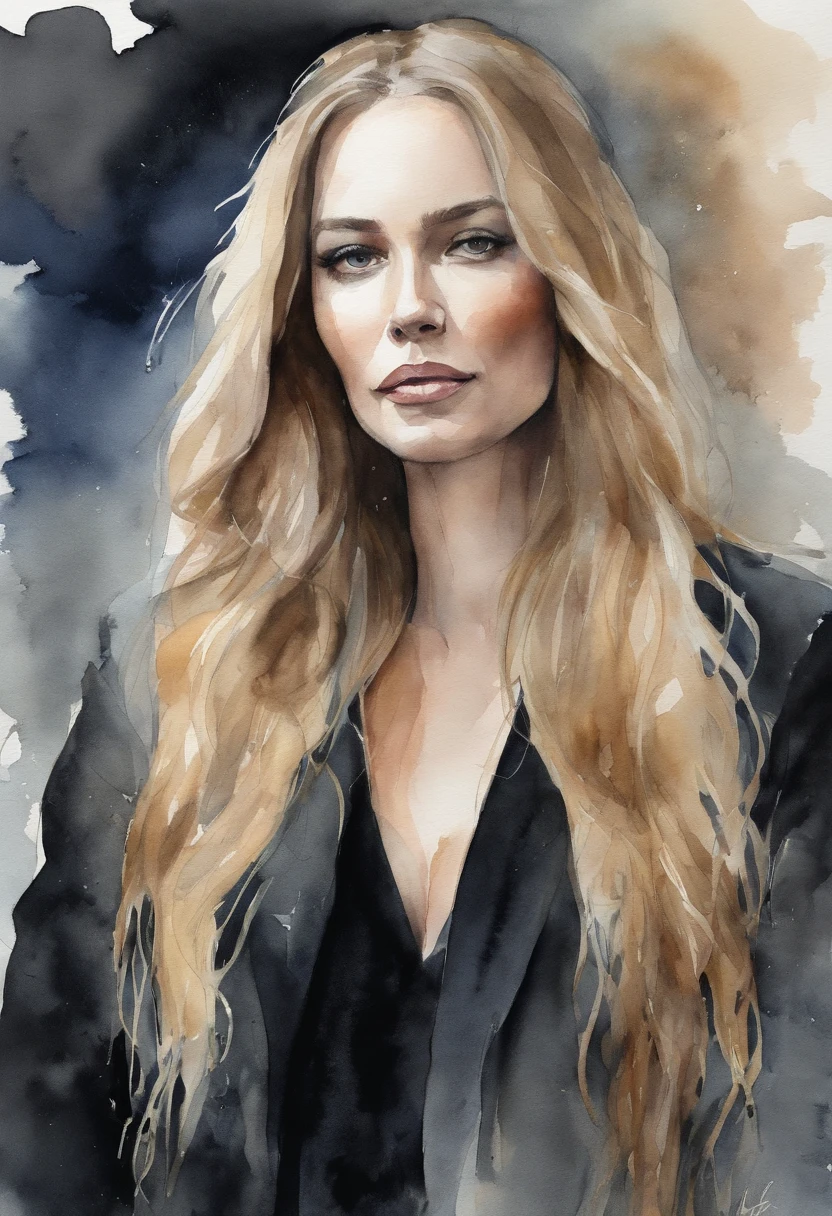 Woman in black velvet coat、Blonde long hair、slender、Slimed、