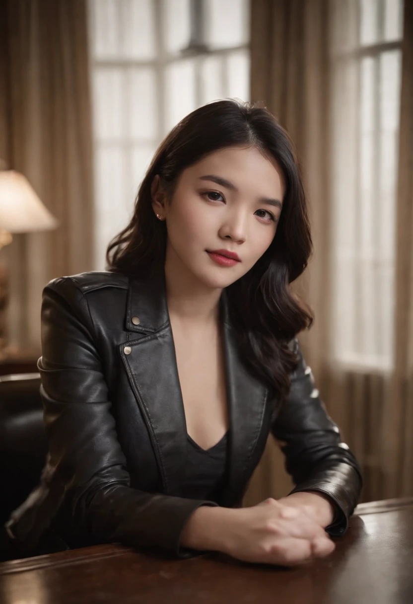 Both hands are covered with black leather gloves up to the fingertips, upper body, black leather double riders jacket, slender necklace, young and cute Japanese girl with black hair tied up beautifully, sitting on a black leather chair facing the desk in the president's room at night, aligning both hands of black leather gloves on the desk