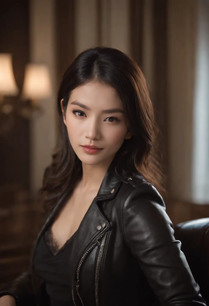 Wearing black leather gloves up to the fingertips and covering the upper body, black leather double rider jacket, slender necklace, a young and cute Japanese girl with beautiful black hair, sitting on a black leather chair facing the desk in the president's room at night, aligning both hands on the desk