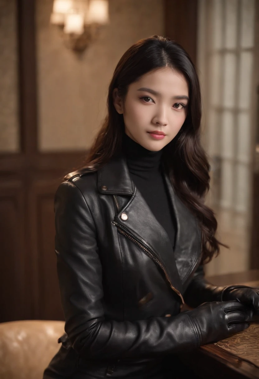 I'm wearing black leather gloves up to my fingertips in both hands and covering my upper body. Black leather double rider jacket. Slender necklace. A young and cute Japanese girl with beautiful black hair. Sitting on a black leather chair at the desk in the president's room at night. Pray.
