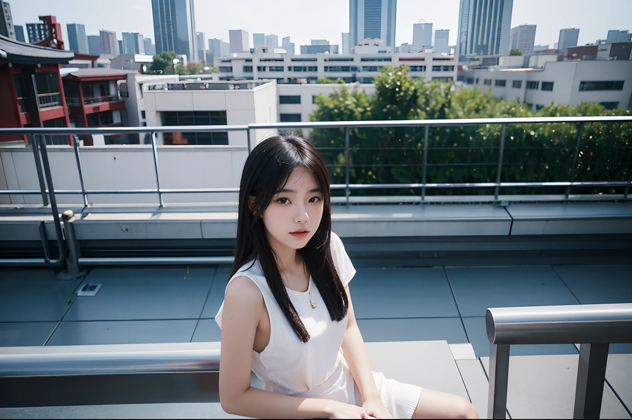 there is a woman that is leaning on a railing in a city, portrait shot, girl sitting on a rooftop, a young asian woman, young asian woman, young asian girl, portrait of a japanese teen, chinese girl, a portrait of a suicidal girl, girl, shot in canon 50mm f/1.2, sitting on a skyscraper rooftop