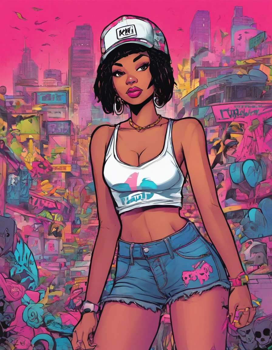 (best quality), big head, face happiness, short bob hair, (short girl with huge breasts:1.2) dark skinned girl in a punk outfit, in a graffiti street, from back, slightly chubby, two toned hair(black:1.3, neon pink:1.3), beanie with a skull logo, wide hips, big butt, thick thighs, crop top hoodie, fuchsia-colored shorts and torn leggings