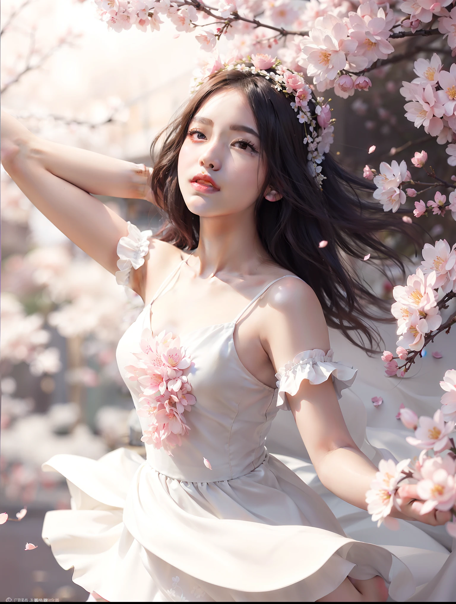 Asian woman in white dress posing under cherry blossoms, sakura petals around her, Beautiful young Korean woman, beautiful Korean women, flowing sakura silk, Gorgeous young Korean woman, goddess of spring, Lotus Floral Crown Girl, Beautiful Asian Girl, Chinese girl, cherry blossoms in the wind, girl in flower, Korean Girl, flower goddess, Pink petals fly
