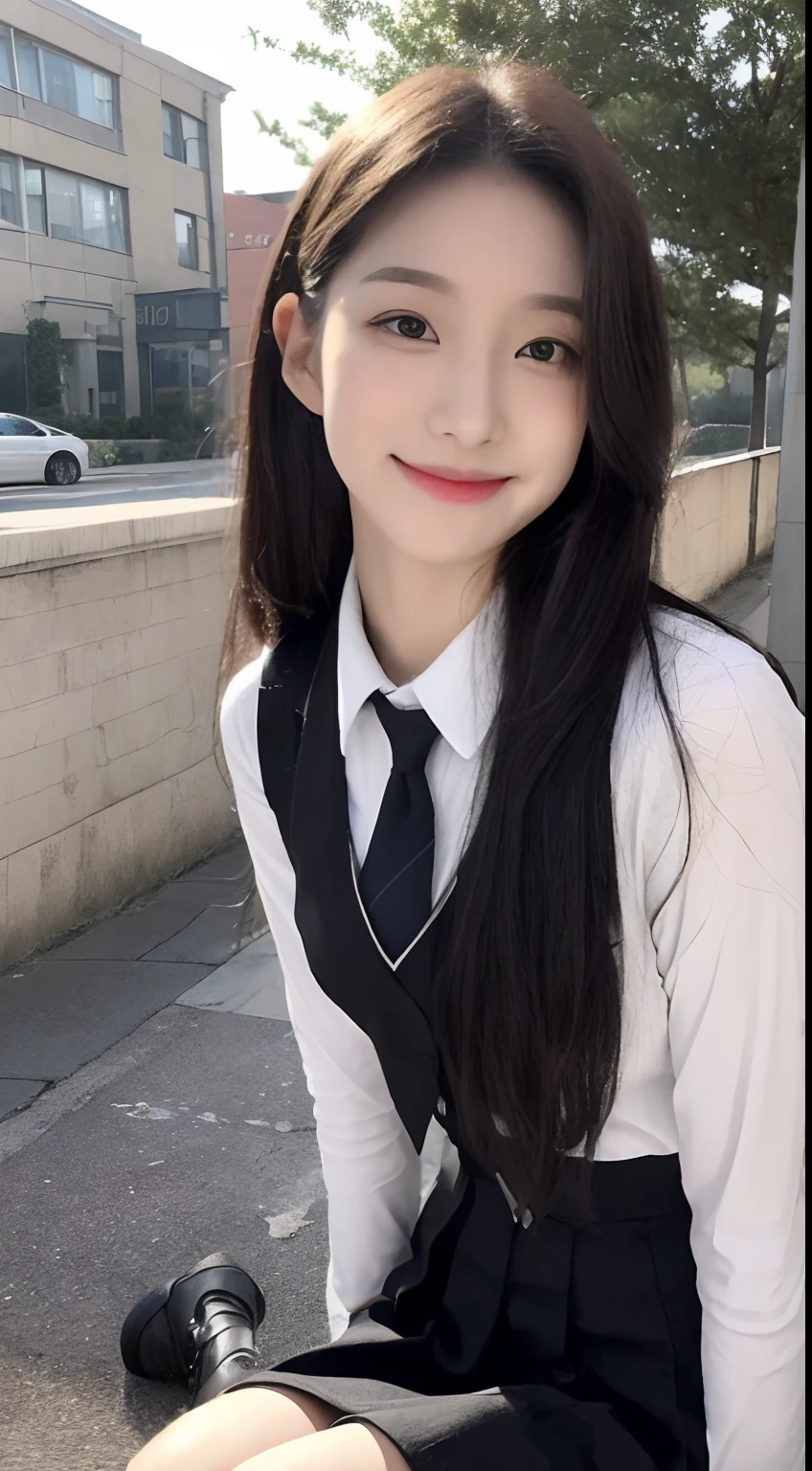 (1 Korean star with royal sister style), ((Best quality, 8K, 巨作: 1.3)), focal point: 1.2, Perfect body proportions: 1.4, (Make a smile), (Ray traching),Watery eyes, Highly Detailed Face and Skin Textur, Fine eyes, Double eyelids, Whitens the skin, (Black long straight: 1.3), (face round: 1.5), (JK school uniform: 1.4), (Lace view: 1.6),(Black over-the-knee stockings: 1.4),(J College style:1.4),(Extremely perfect legs),(hair pin:1.3)